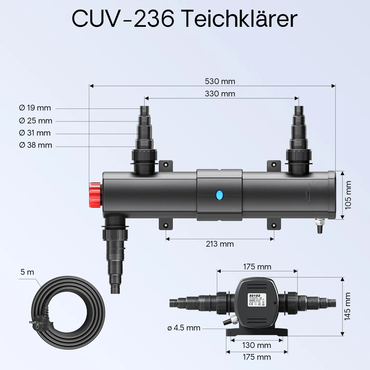 SunSun Komplettset: CBF-550 Teichfilter bis 60000 L Teichfilteranlage als Durchlauffilter, CTF-8000 SuperECO Teichpumpe 8000l/h 70W, CUV-236 Teichklärer UVC Klärer mit 36W, Y-Verteiler