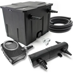 SunSun Komplettset: CBF-350 Teichfilter bis 12000 L Teichfilteranlage Durchlauffilter, NEO10000 Teichpumpe 10000l/h 80W, CUV-236 Teichklärer 36W, 10m Teichschlauch 38 mm, Schlauchschellen W1 44-47mm