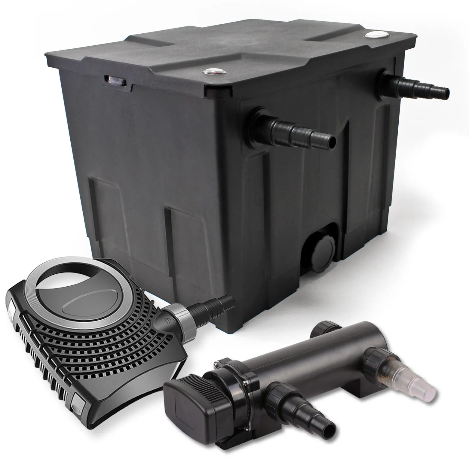 SunSun Komplettset: CBF-350 Teichfilter bis 12000 L Teichfilteranlage als Durchlauffilter, NEO7000 SuperEco Teichpumpe 7000l/h 50W, CUV-318 Teichklärer UVC Klärer mit 18W