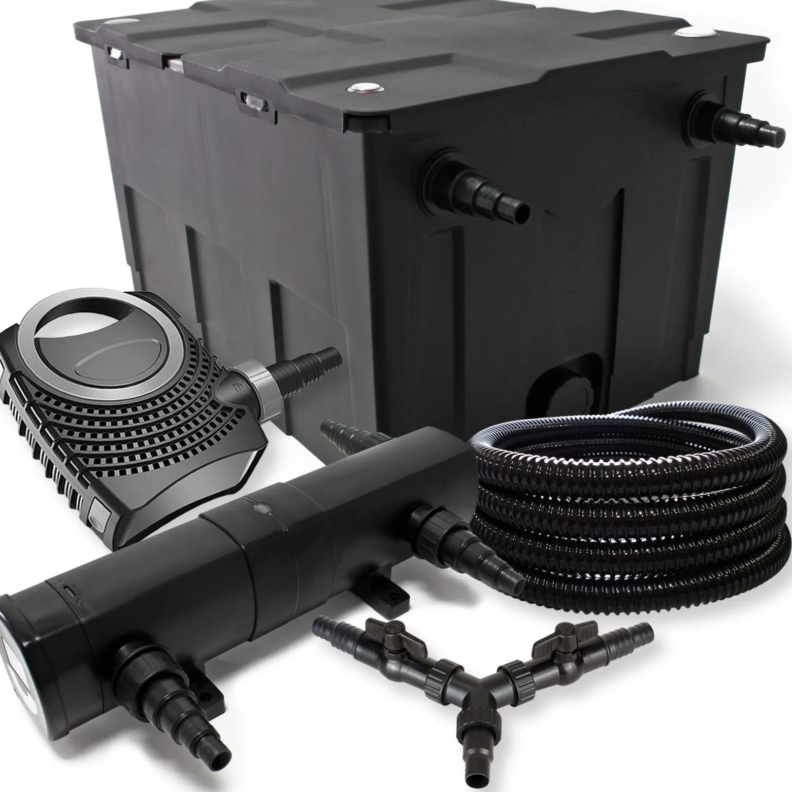 SunSun Komplettset: CBF-550 Teichfilter bis 60000L Teichfilteranlage als Durchlauffilter, NEO10000 Teichpumpe 10000l/h 80W, CUV-224 Teichklärer UVC Klärer mit 24W, 25m Teichschlauch 25 mm, Y-Verteiler