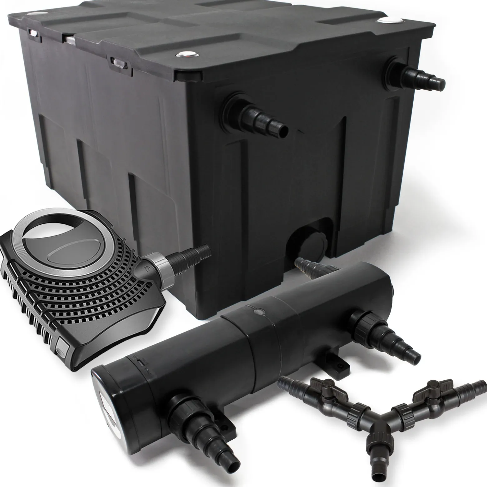 SunSun Komplettset: CBF-550 Teichfilter bis 60000 L Teichfilteranlage als Durchlauffilter, NEO10000 SuperECO Teichpumpe 10000l/h 80W, CUV-218 Teichklärer UVC Klärer mit 18W, Y-Verteiler