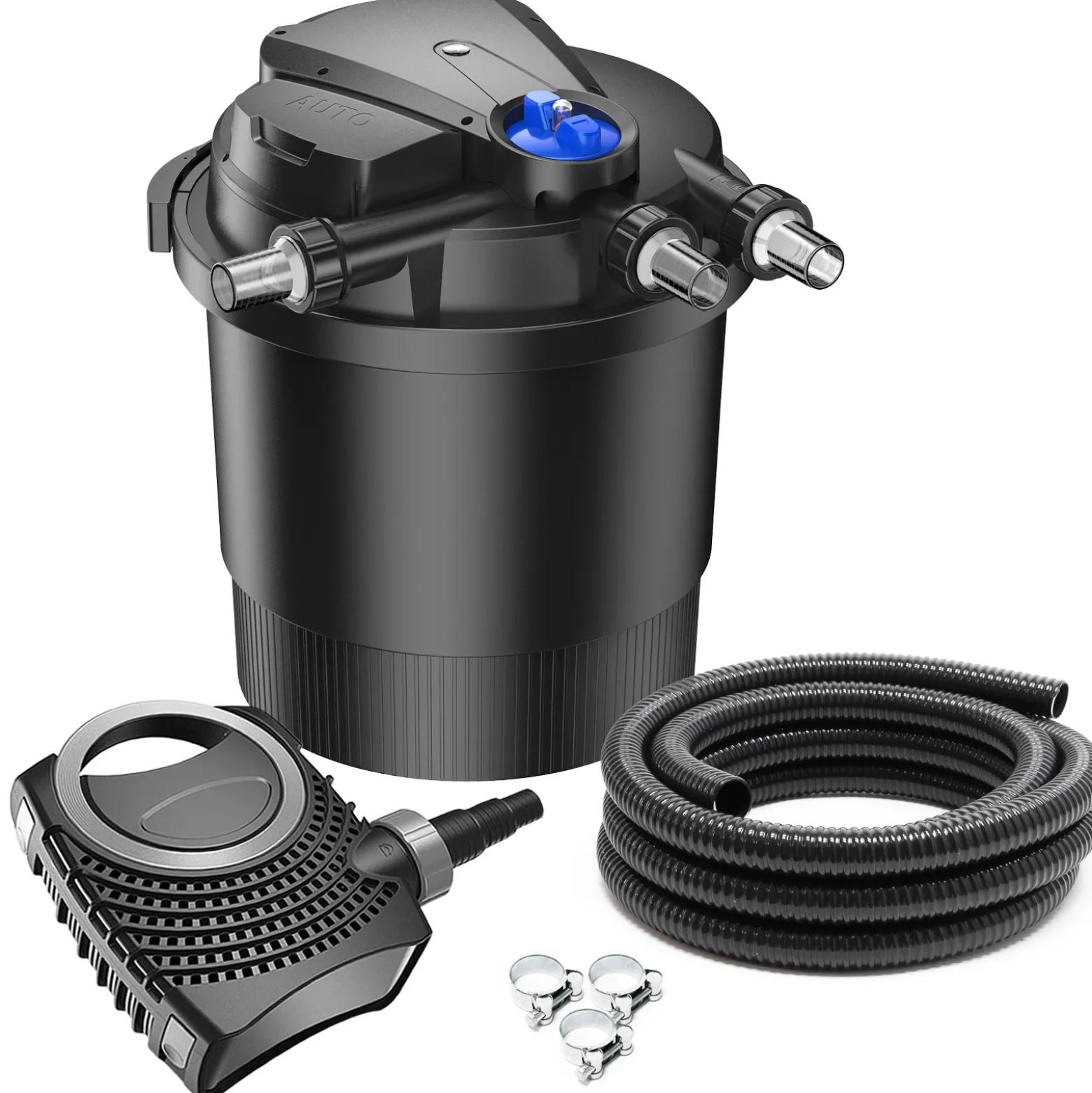 SunSun Komplettset: CPA-20000 Teichdruckfilter bis 40000 L mit 36 Watt UV-C Teichklärer, NEO10000 SuperECO Teichpumpe 10000l/h 80W, 10m Teichschlauch 38 mm (1 1/2"), Schlauchschellen W1 44-47mm