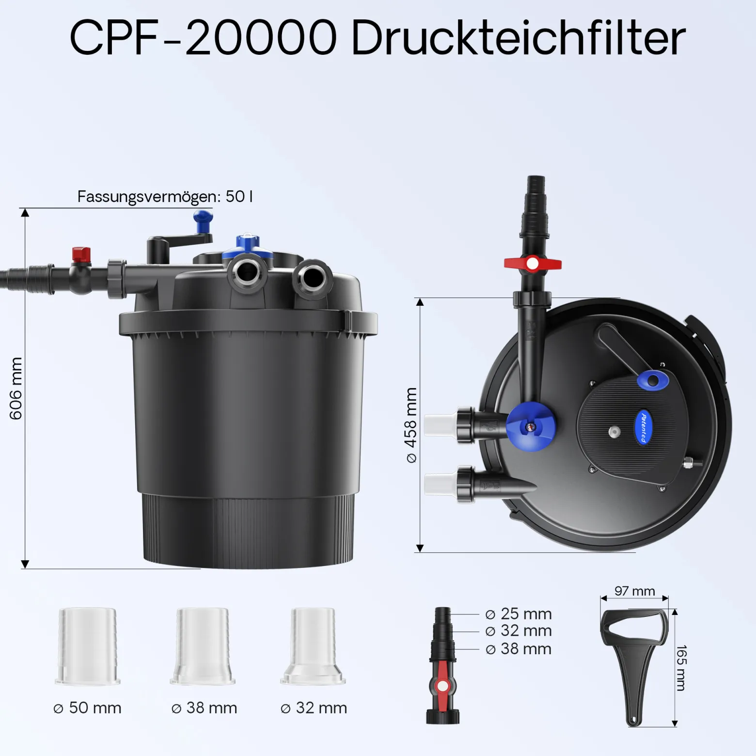 SunSun Komplettset: CPF-20000 Teichdruckfilter bis 10000 L mit 11 Watt UV-C Teichklärer, NEO6000 SuperEco Teichpumpe 6000l/h 40W, 5m Teichschlauch 38 mm (1 1/2"), Schlauchschellen W1 44-47mm