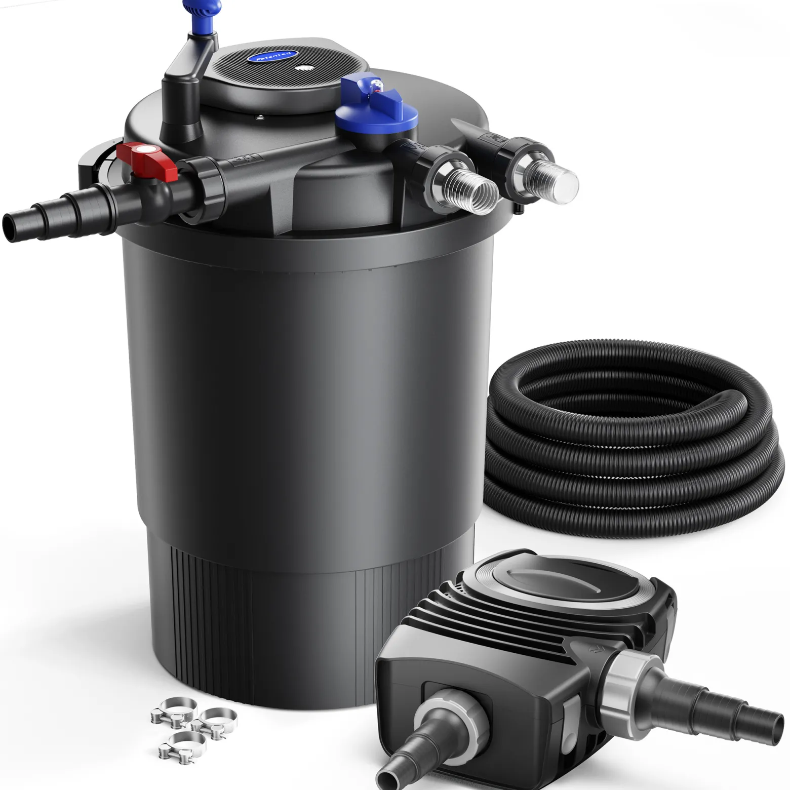 SunSun Komplettset: CPF-30000 Teichdruckfilter bis 12000 L mit 55 Watt UV-C Teichklärer, NEO6000 SuperEco Teichpumpe 6000l/h 40W, 5m Teichschlauch 38 mm (1 1/2"), Schlauchschellen W1 44-47mm