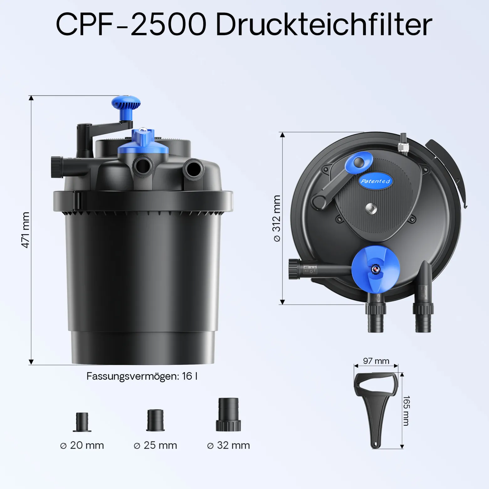 SunSun Komplettset: CPF-2500 Teichdruckfilter bis 6000 L mit 11 Watt UV-C Teichklärer, NEO-2800 SuperECO Teichpumpe 3000l/h 10W, 5m Teichschlauch 32 mm (1 1/4"), Schlauchschellen W1 44-47mm