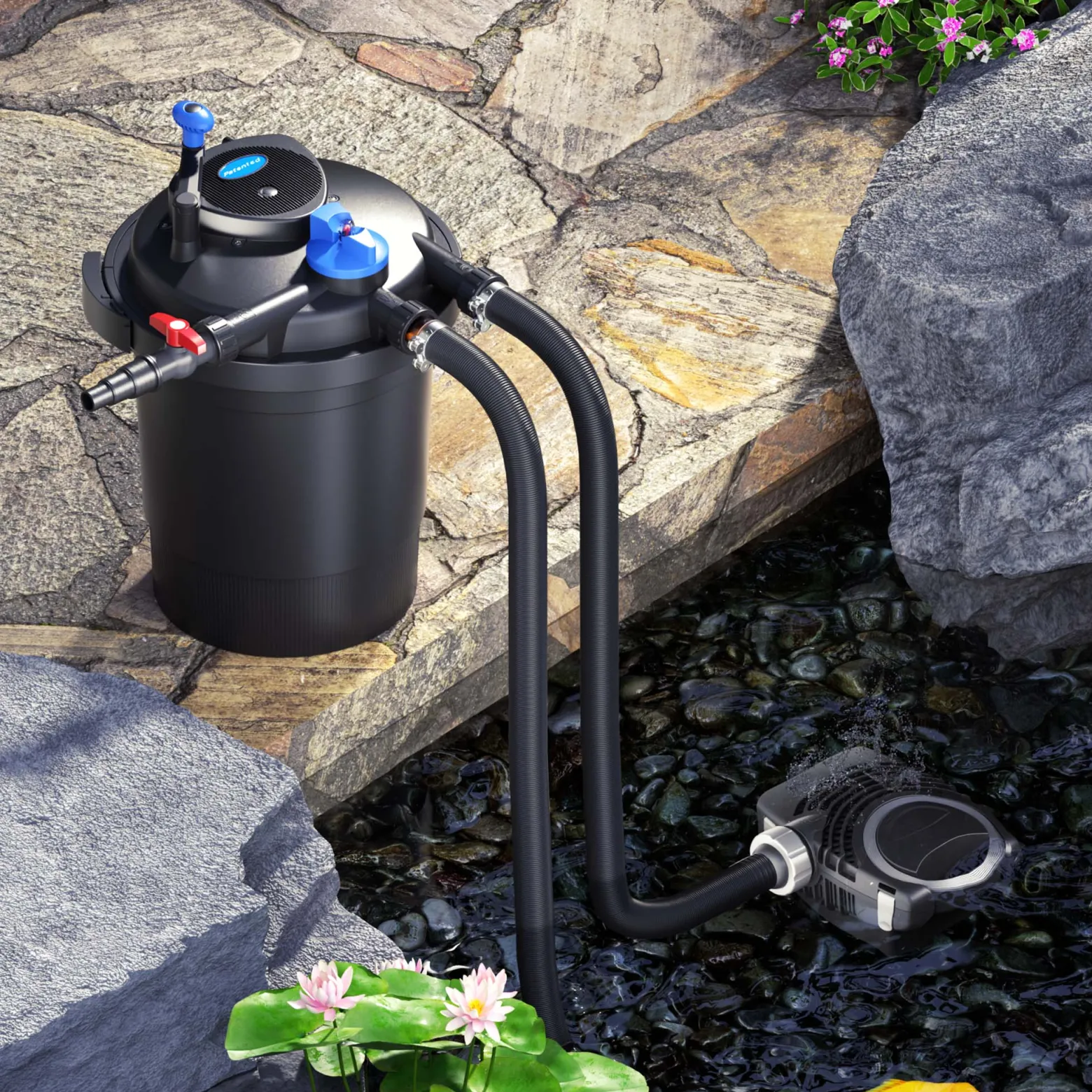 SunSun Komplettset: CPF-10000 Teichdruckfilter bis 10000 L mit 11 Watt UV-C Teichklärer, NEO3800 SuperEco Teichpumpe 3600l/h 20W, 5m Teichschlauch 38 mm (1 1/2"), Schlauchschellen W1 44-47mm