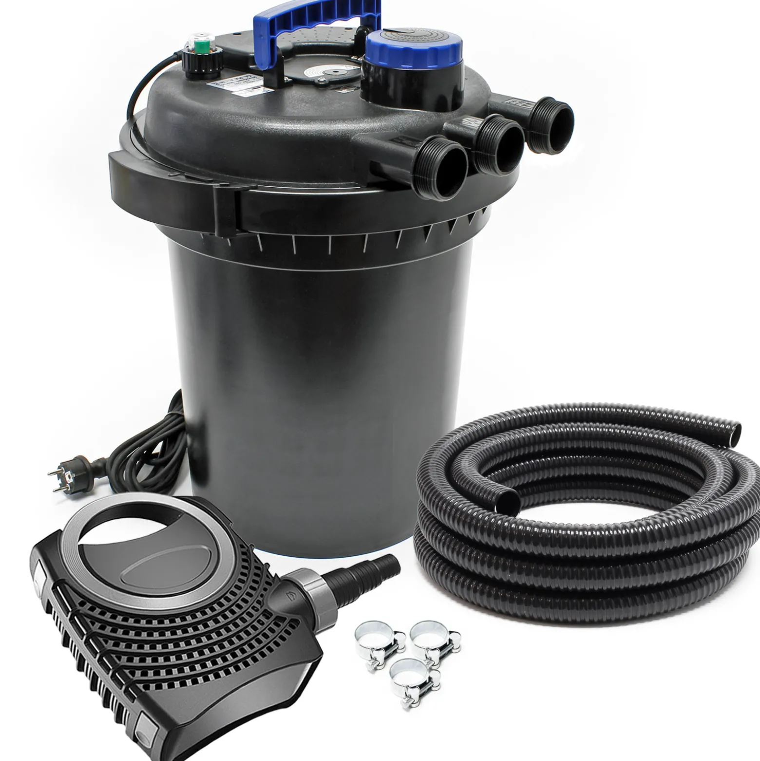 SunSun Komplettset: CPF-250 Teichdruckfilter bis 10000 L Teich mit 11W Teichklärer, NEO3800 SuperEco Teichpumpe 3600l/h 20W, 5m Teichschlauch 38 mm (1 1/2"), Schlauchschellen W1 44-47mm
