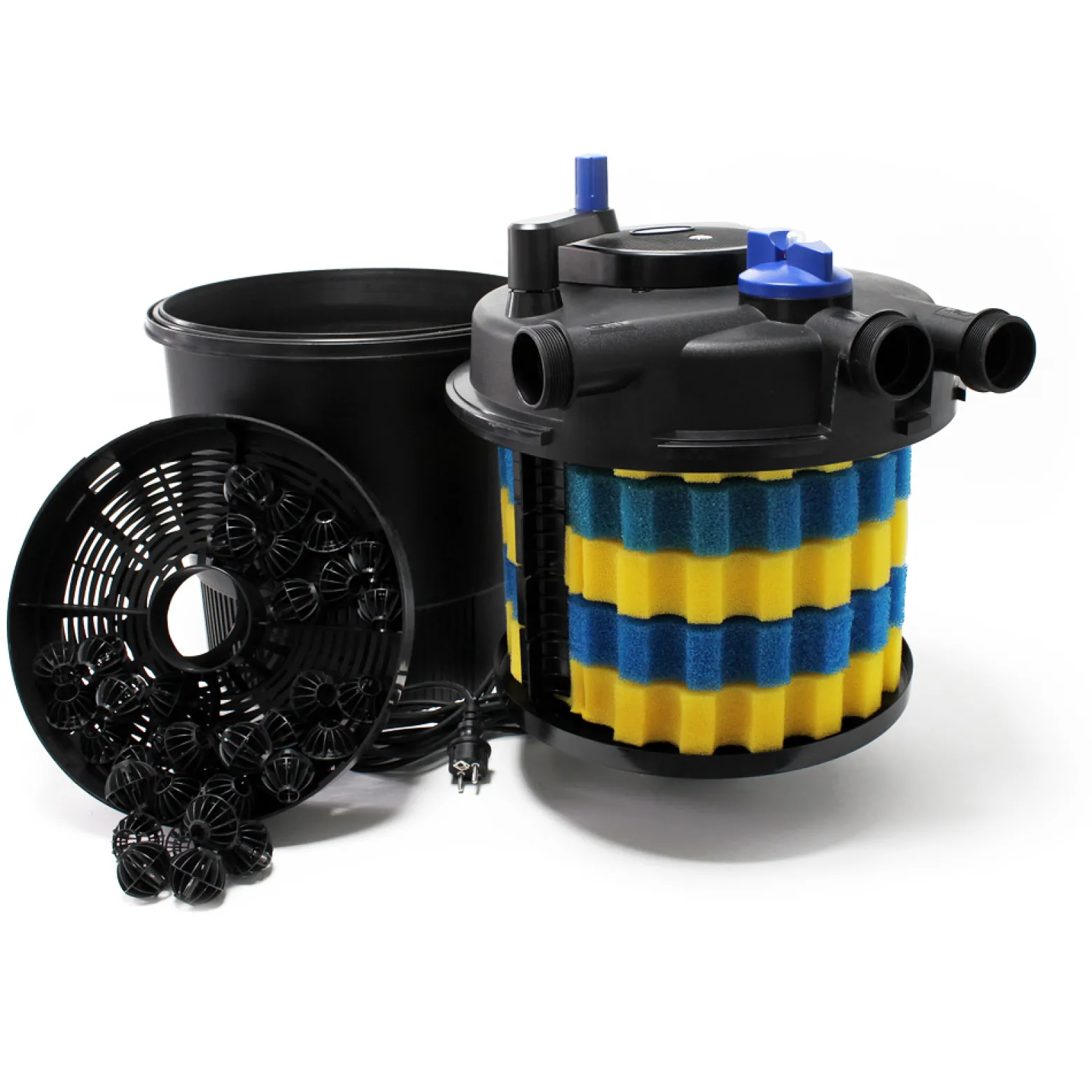SunSun Komplettset: CPF-10000 Teichdruckfilter bis 10000 L mit 11 Watt UV-C Teichklärer, NEO6000 SuperEco Teichpumpe 6000l/h 40W, 5m Teichschlauch 38 mm (1 1/2"), Schlauchschellen W1 44-47mm
