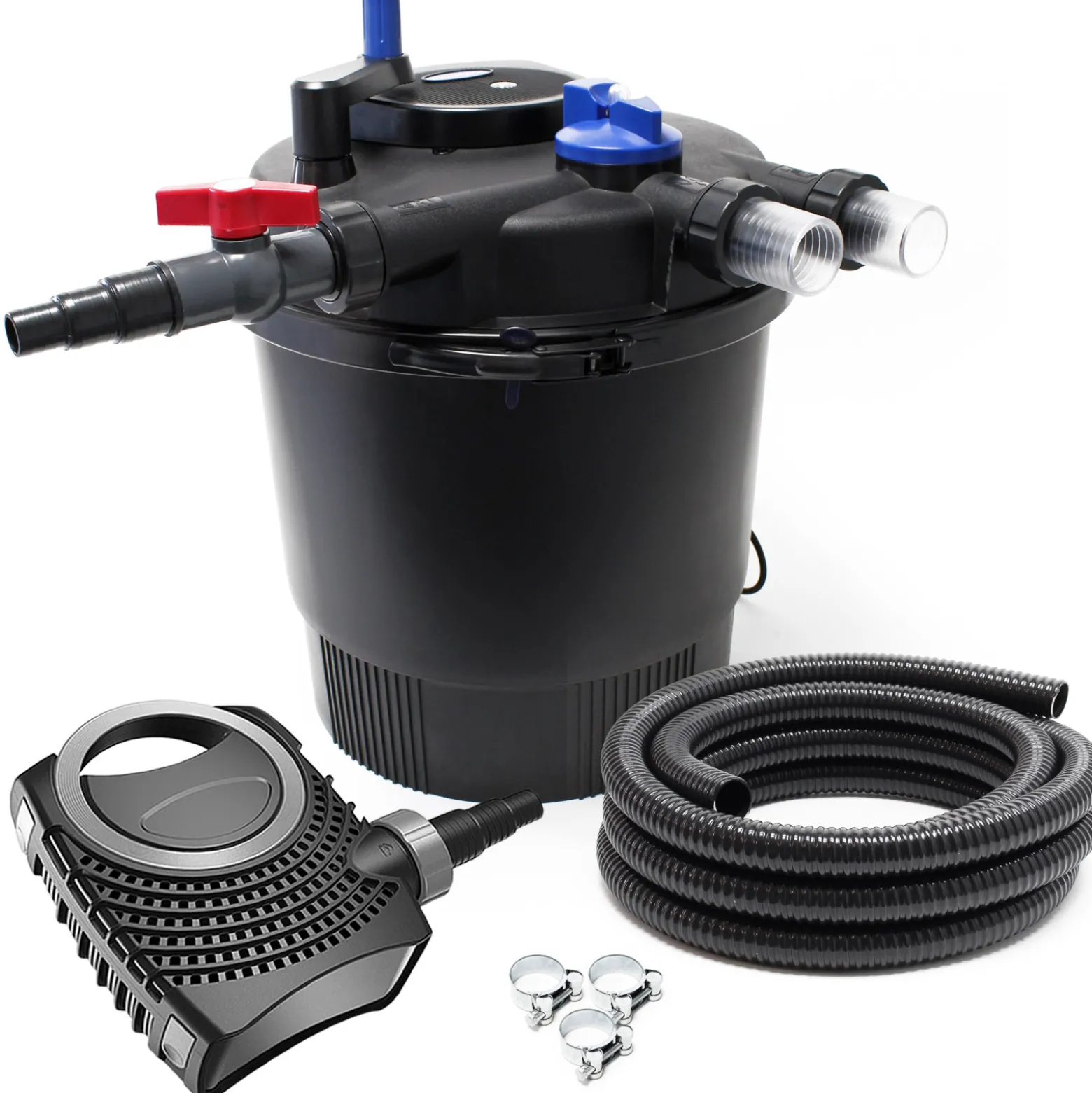 SunSun Komplettset: CPF-20000 Teichdruckfilter bis 10000 L mit 36 Watt UV-C Teichklärer, NEO12000 SuperECO Teichpumpe 12000l/h 100W, 10m Teichschlauch 38 mm (1 1/2"), Schlauchschellen W1 44-47mm