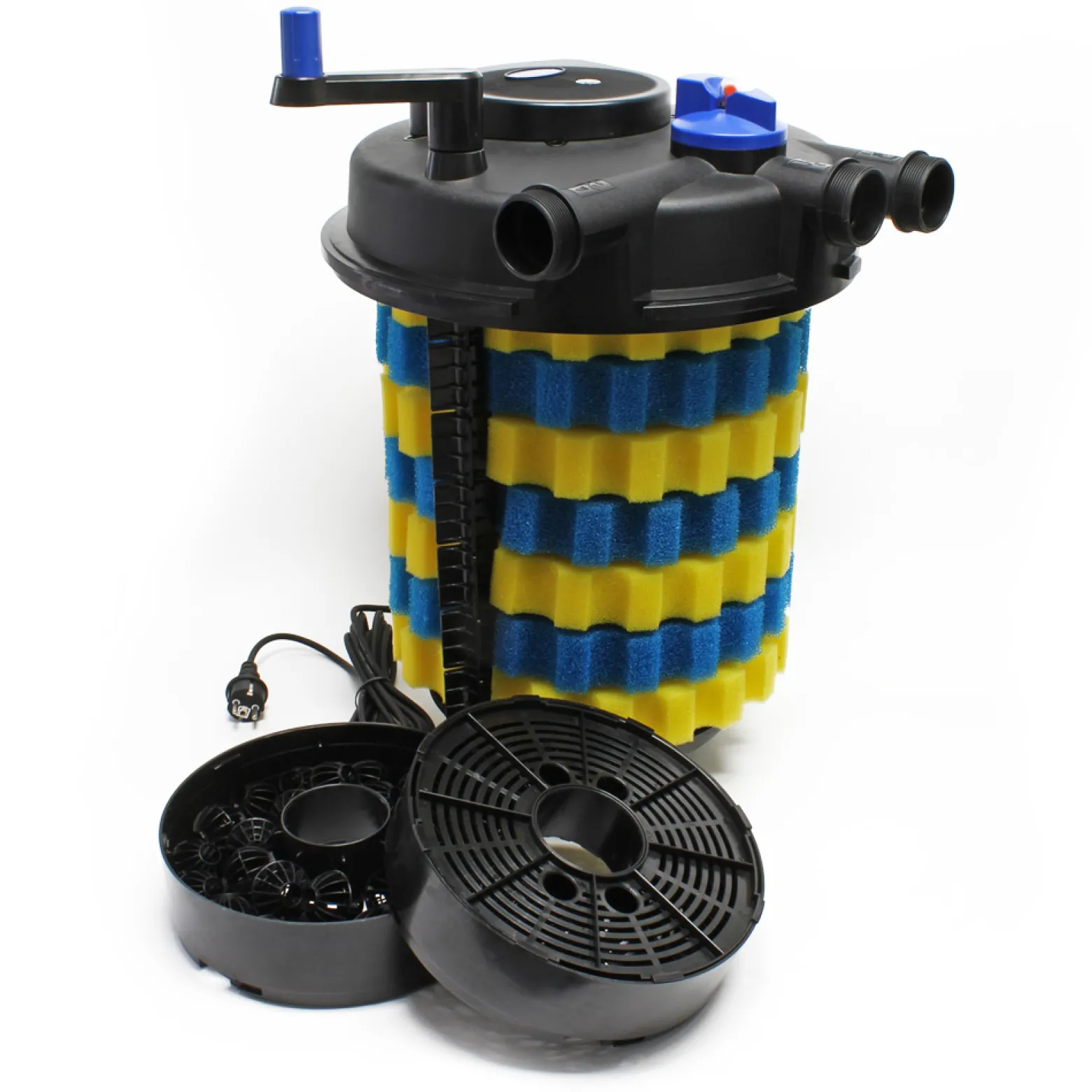 SunSun Komplettset: CPF-50000 Teichdruckfilter Moving Bed bis 13000 L mit 55 Watt UV-C Teichklärer, NEO12000 SuperECO Teichpumpe 12000l/h 100W, 10m Teichschlauch 38 mm, Schlauchschellen W1 44-47mm
