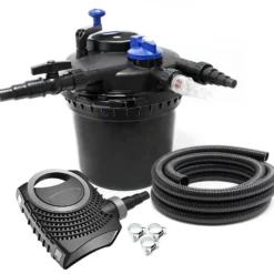 SunSun Komplettset: CPF-5000 Teichdruckfilter bis 9000 L mit 11 Watt UV-C Teichklärer, NEO3800 SuperEco Teichpumpe 3600l/h 20W, 5m Teichschlauch 38 mm (1 1/2"), Schlauchschellen W1 44-47mm