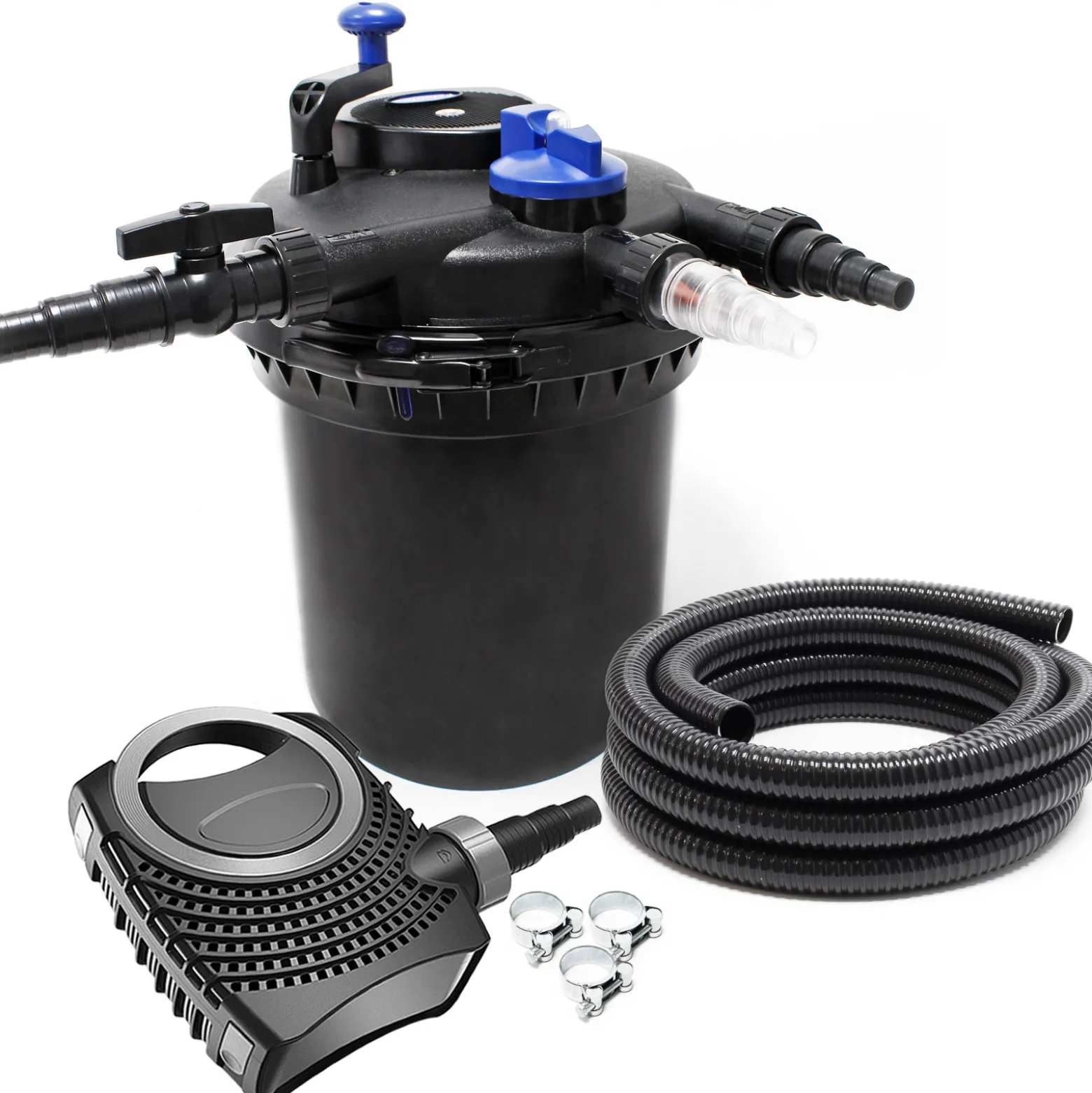 SunSun Komplettset: CPF-10000 Teichdruckfilter bis 10000 L mit 11 Watt UV-C Teichklärer, NEO10000 SuperECO Teichpumpe 10000l/h 80W, 10m Teichschlauch 38 mm (1 1/2"), Schlauchschellen W1 44-47mm