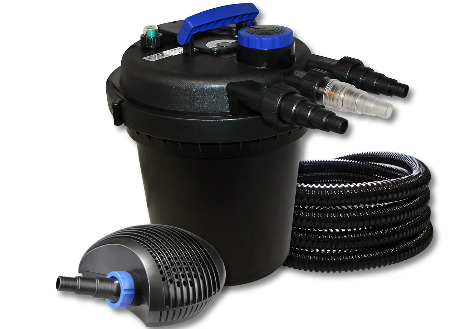 SunSun Komplettset: CPF-250 Teichdruckfilter bis 10000 L Teich mit 11W Teichklärer, CTF-6000 SuperECO Teichpumpe 6000l/h 40W, 25m Teichschlauch 25 mm (1")