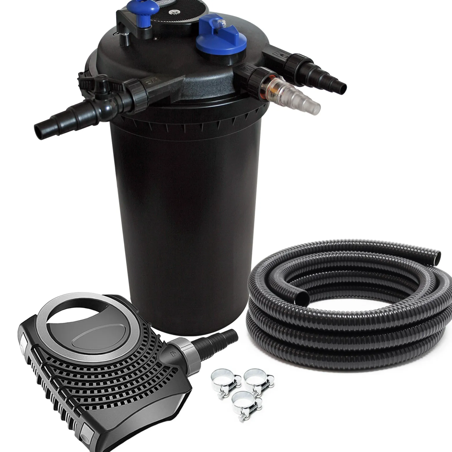 SunSun Komplettset: CPF-15000 Teichdruckfilter bis 30000 L mit 18 Watt UV-C Teichklärer, NEO8000 SuperEco Teichpumpe 8000l/h 70W, 10m Teichschlauch 38 mm (1 1/2"), Schlauchschellen W1 44-47mm