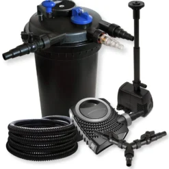 SunSun Komplettset: CPF-15000 Teichdruckfilter bis 30000 L mit 18 Watt UV-C Teichklärer, NEO10000 Teichpumpe 10000l/h 80W, 25m Teichschlauch 25 mm, HJ-943 Springbrunnenpumpe 800l/h 16W, Y-Verteiler
