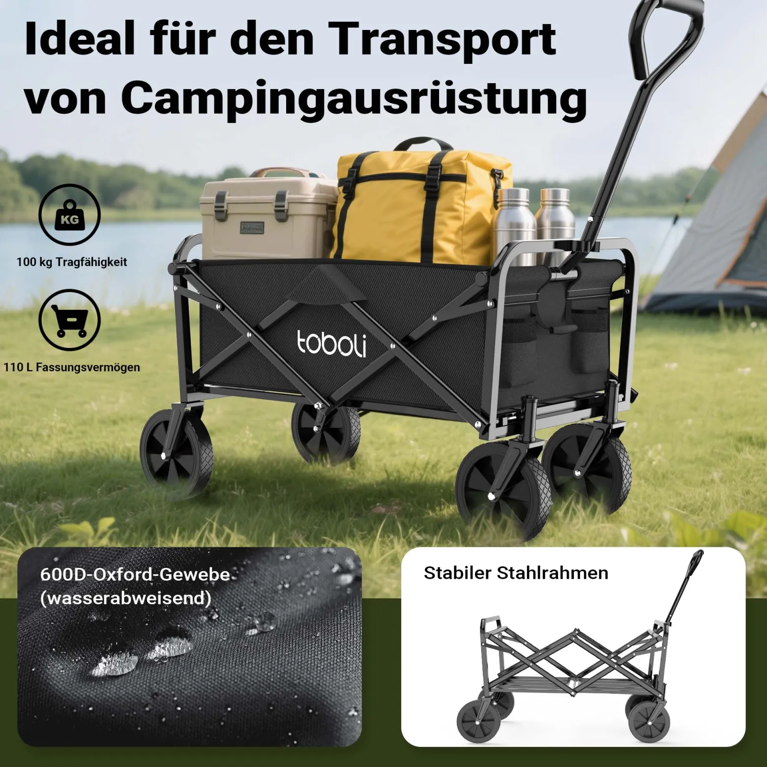Toboli Bollerwagen faltbar offroad schwarz, Faltbollerwagen belastbar bis 100 kg, Klappbollerwagen für Strand, Garten, Einkäufe