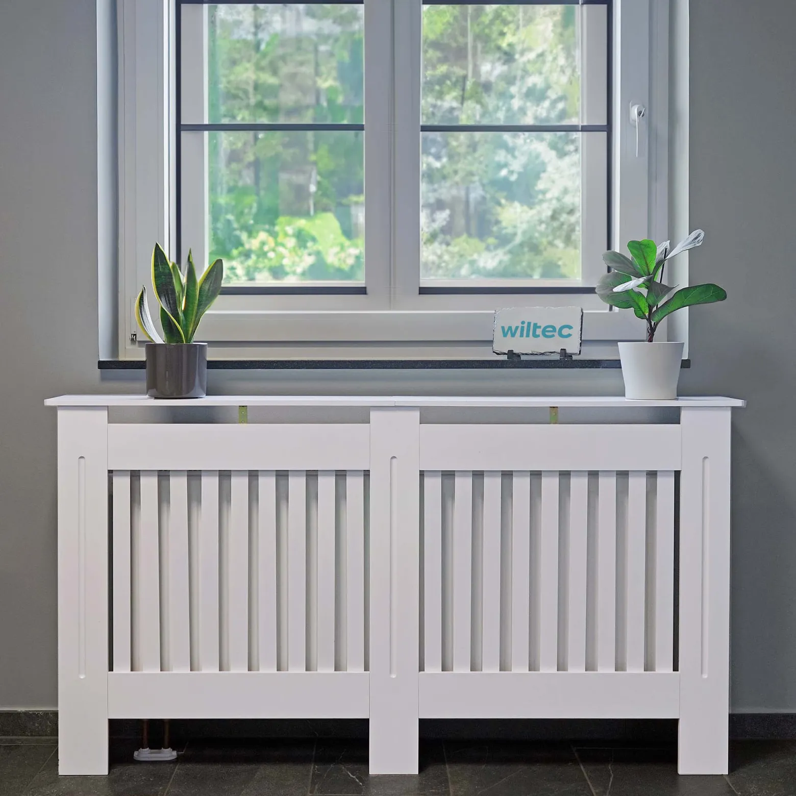 Toboli Heizkörperverkleidung weiß 172 x 19 x 82 cm, Heizkörperabdeckung aus MDF, Holzverkleidung für Heizkörper in Lamellenoptik