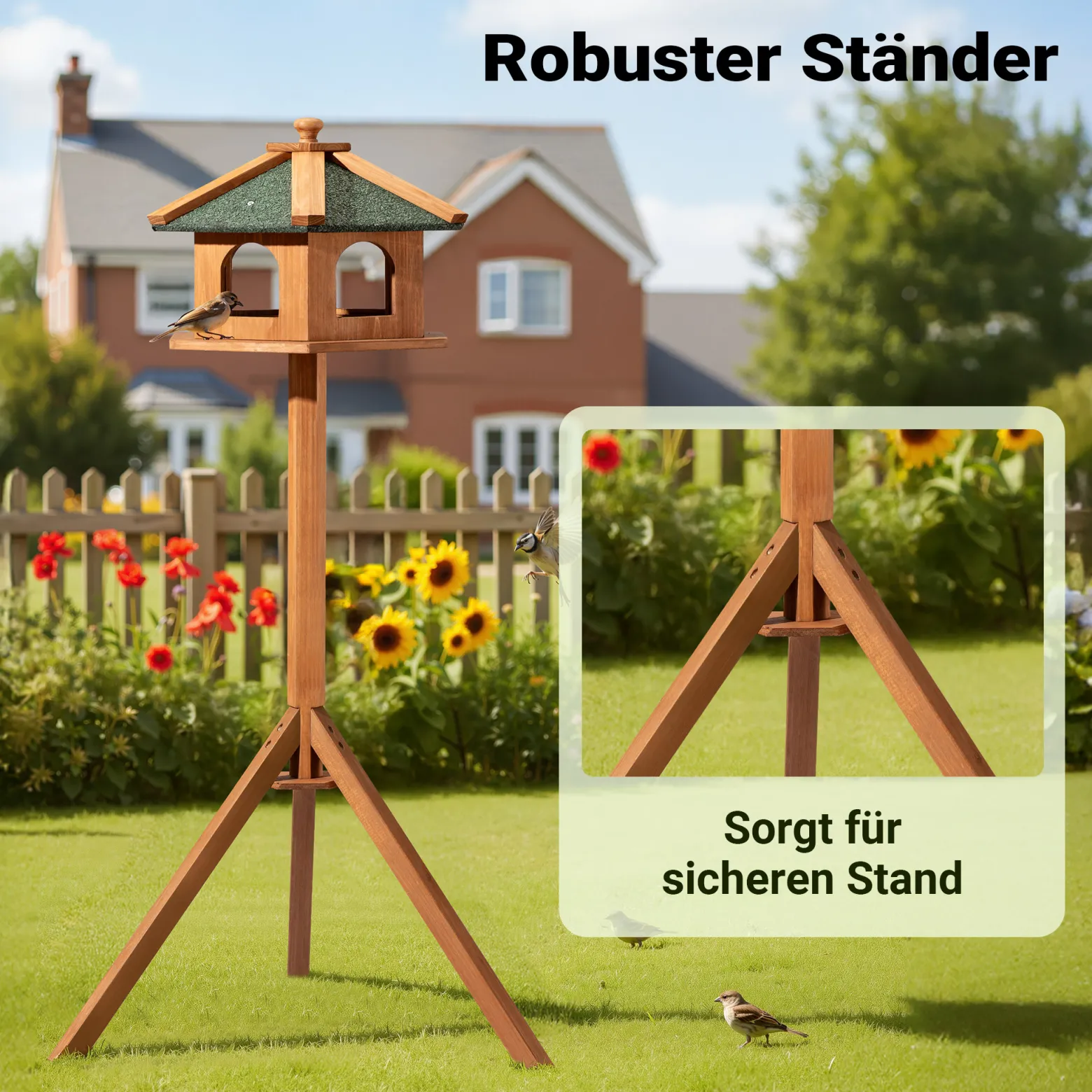 Toboli Vogelfutterhaus 115 cm mit Dreifuß, Vogelhaus aus Holz, wetterfestes Vogelfutterhäuschen mit Ständer, Futterhäuschen für Vögel