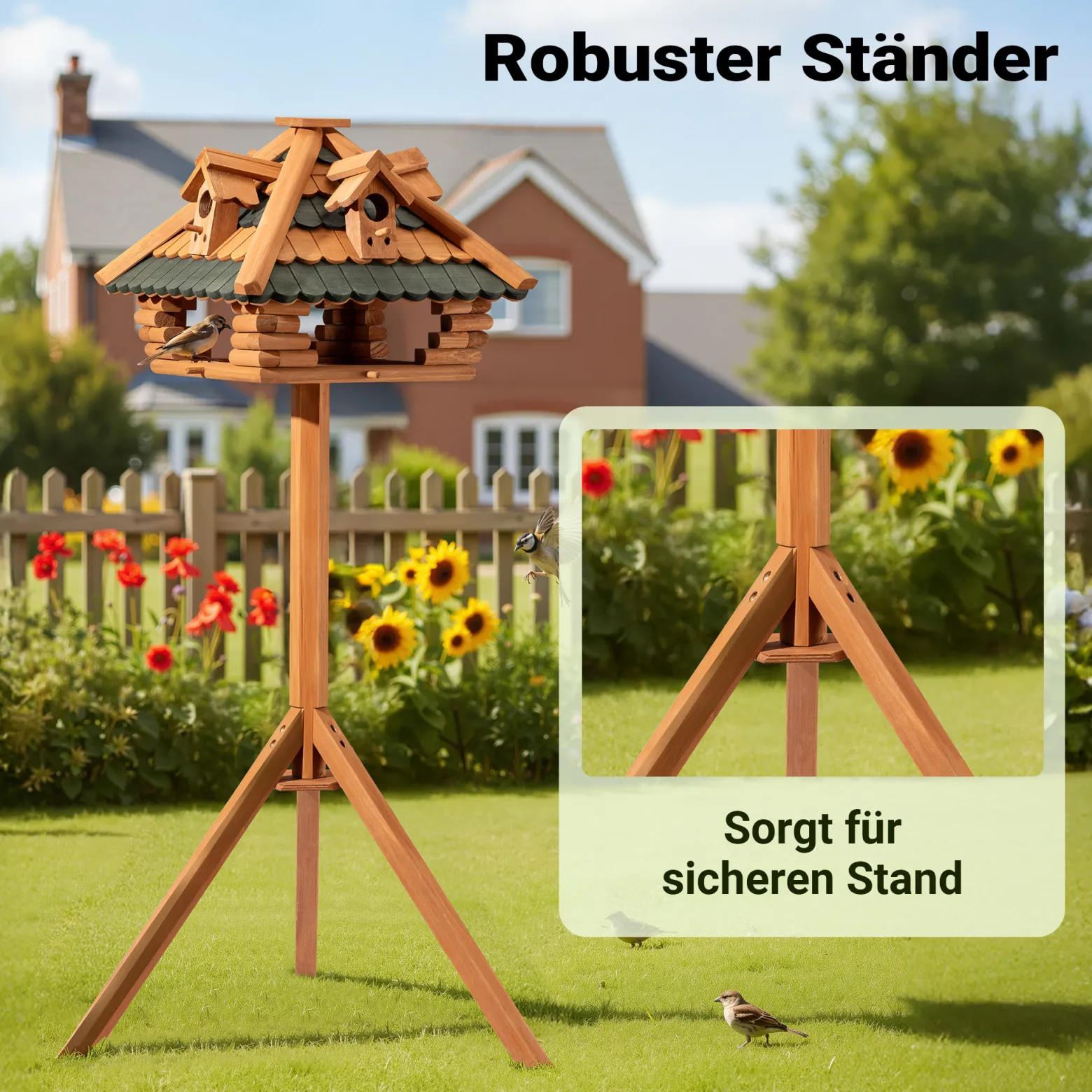 Toboli Vogelfutterhaus 115 cm mit Ständer, Vogelhaus aus Holz, wetterfestes Vogelfutterhäuschen mit Dreifuß, Futterhäuschen für Vögel