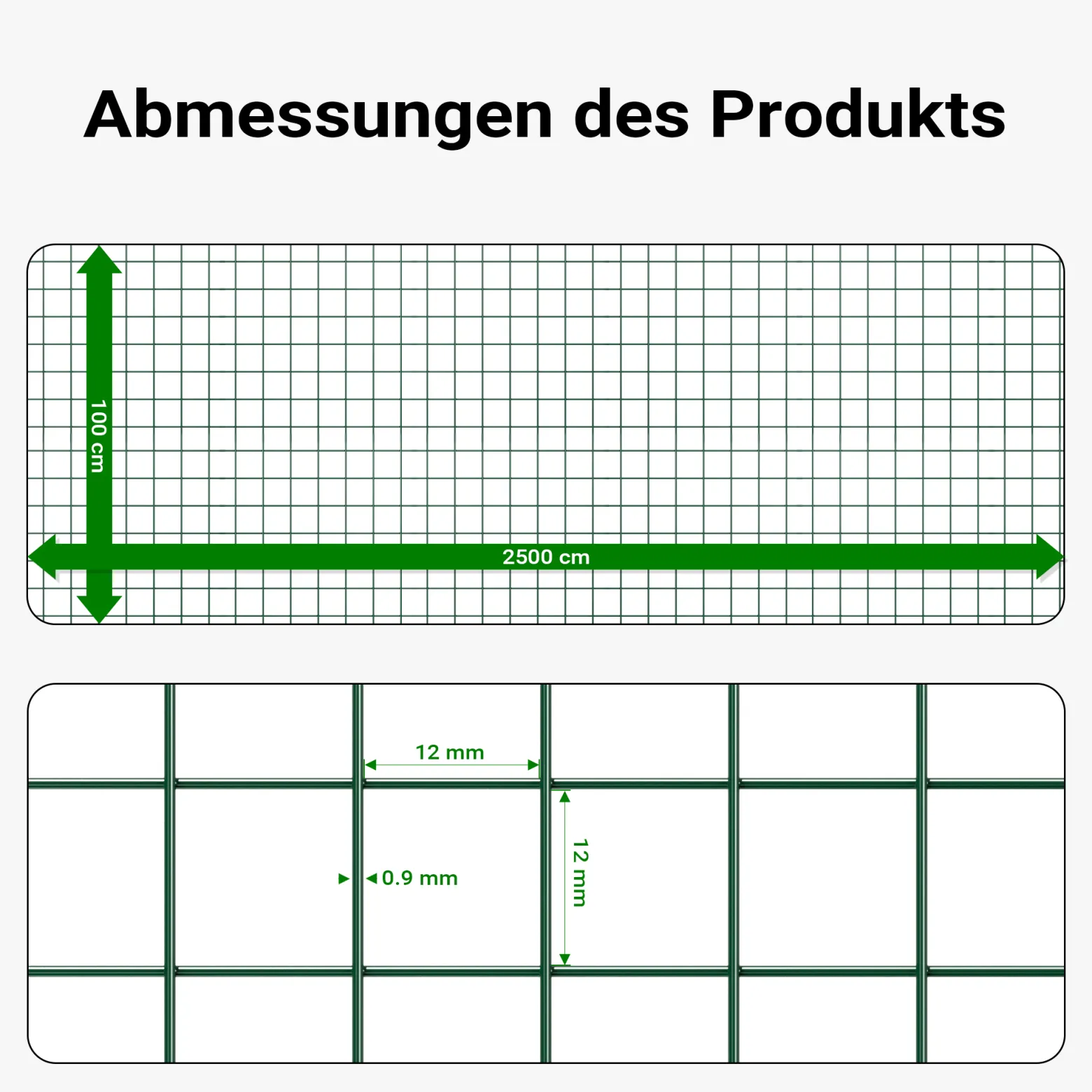 Volierendraht 4-Eck in Grün mit 12x12mm Maschengröße, 25m Rolle 100cm Höhe, aus verzinktem Stahl