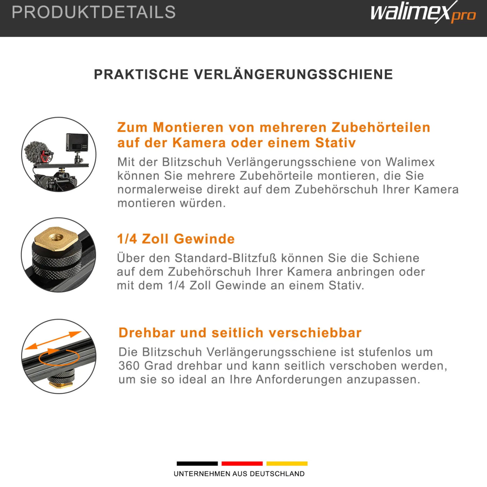 Walimex Blitzschiene Verlängerungsschiene - Länge 15 cm, um 360° drehbar - Beidseitige Blitzschuh Halterung - mit 1/4" Gewinde - für Magic Arm, Videoleuchte, Mikrofone, Stativ