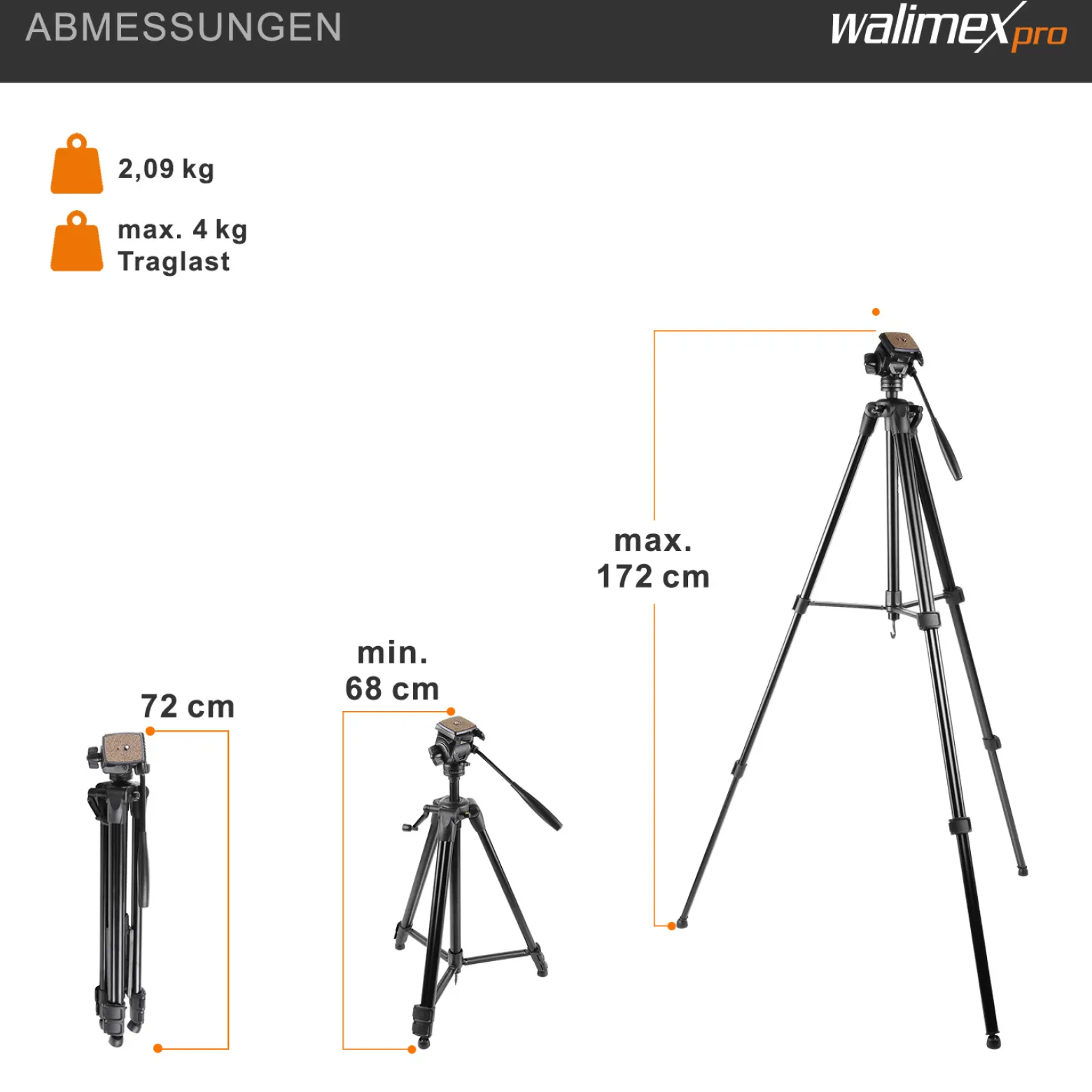 Walimex FW-3970 Semi-Pro Stativ mit Neiger, Kamerastativ höhenverstellbar bis 172 cm, Fotostativ belastbar bis 4 kg, Dreibeinstativ mit Stativkopf, 2 Wasserwaagen, Libelle, Schnellwechselplatte