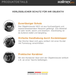 Walimex Objektivbeutel NEO 300 Modell 2011, Größe M / 10 x 10 x 15 cm, aus Neopren, wasserabweisend, mit Tunnelzug, für Kameraobjektive, Objektiv Köcher für Foto Studio Shooting