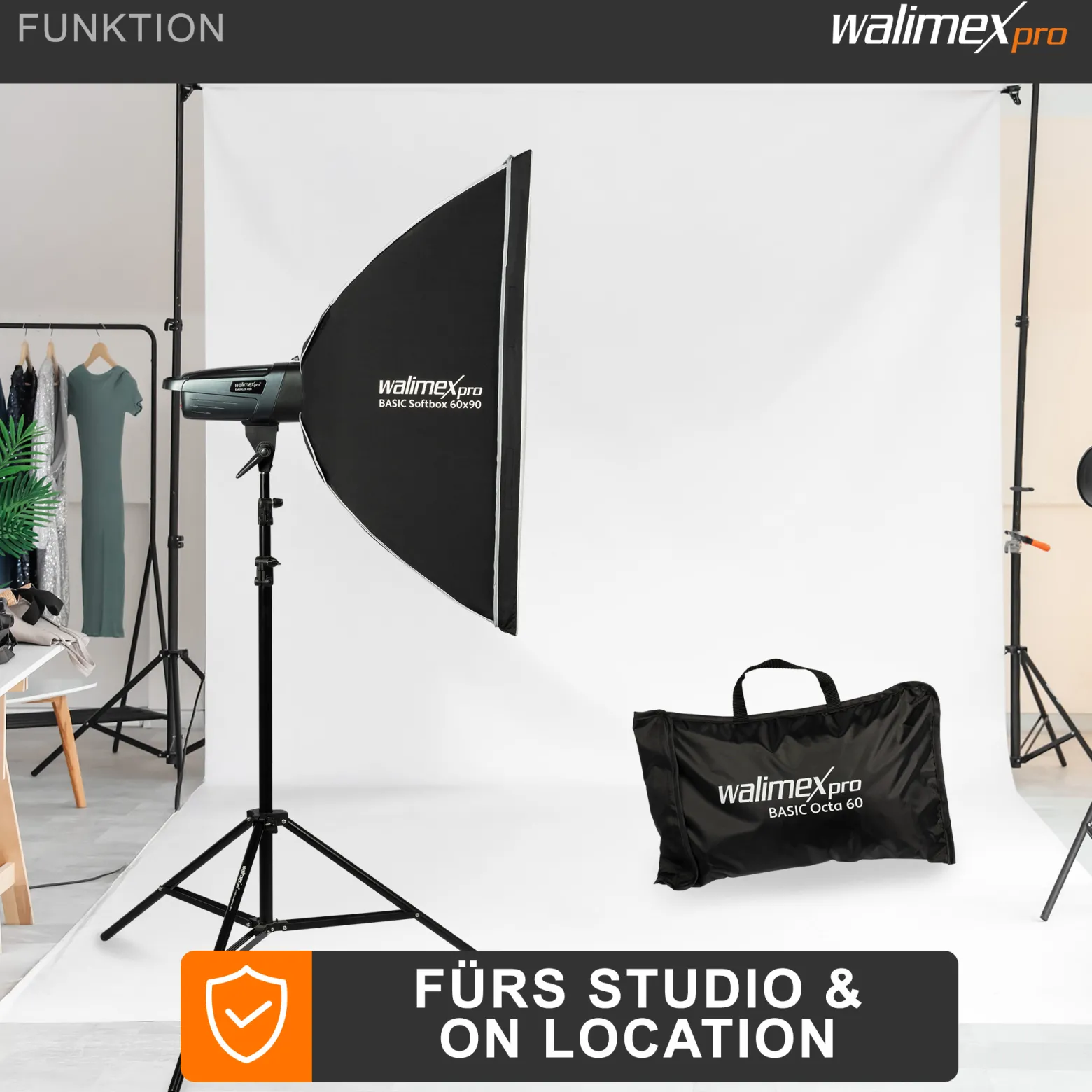 Walimex pro Basic Softbox 60 x 90 cm, um 360° drehbar, inkl Front- und Zwischendiffusor, Bowens Adapter, Transporttasche, Soft Box für Fotostudio, ideal für professionelles Studiolicht