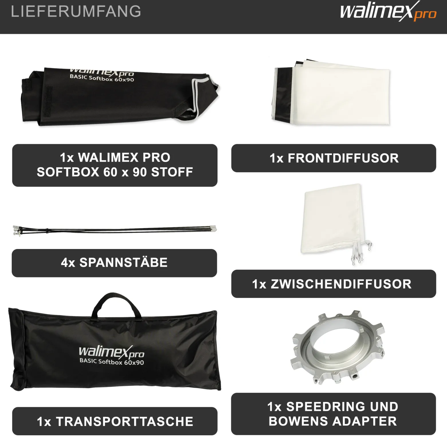 Walimex pro Basic Softbox 60 x 90 cm, um 360° drehbar, inkl Front- und Zwischendiffusor, Bowens Adapter, Transporttasche, Soft Box für Fotostudio, ideal für professionelles Studiolicht