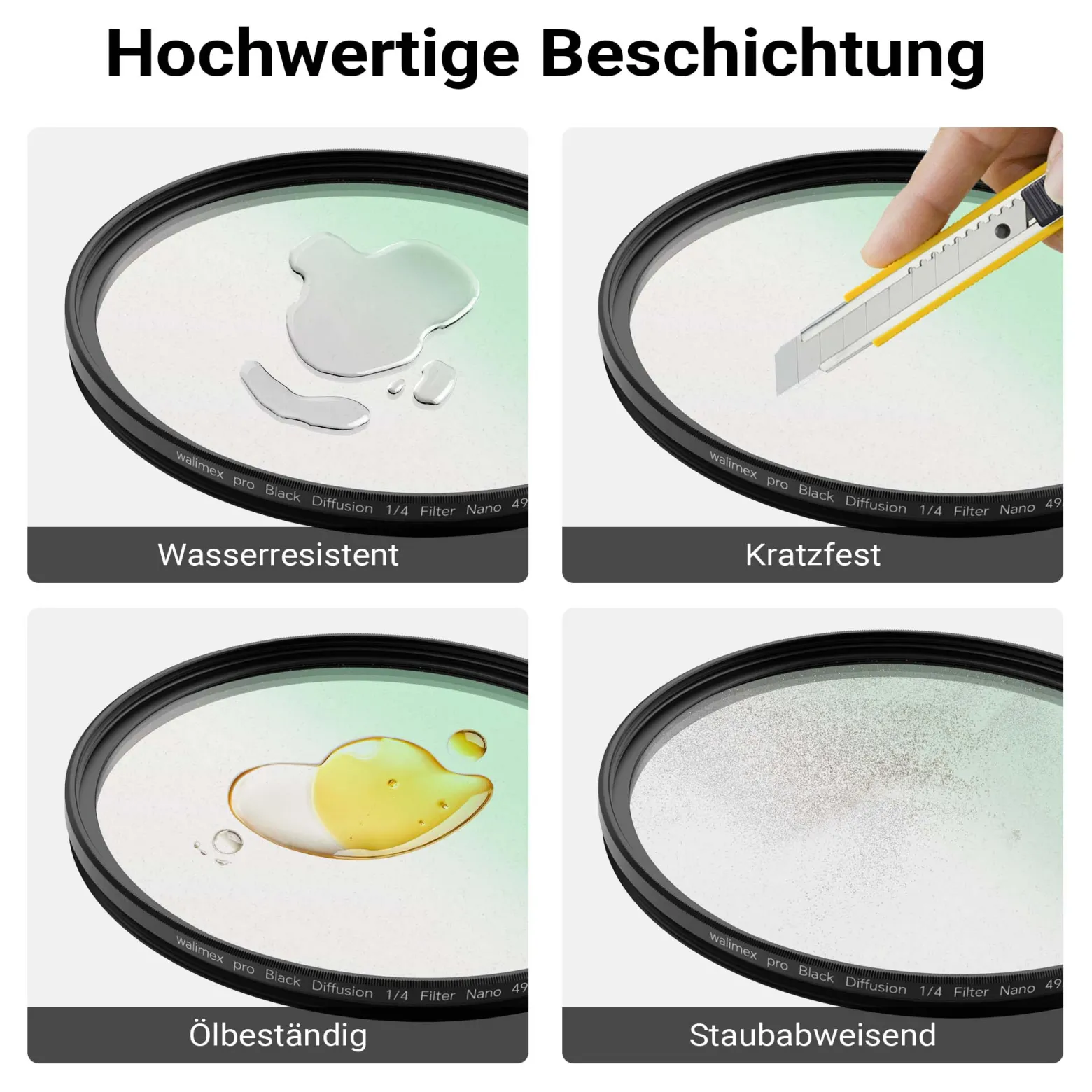 Walimex pro Black Diffusion 1/4 Filter Nano 62 mm, Diffusionsfilter mit 18-facher Nano-Beschichtung, Nebelfilter mit 3,3 mm Slimfassung