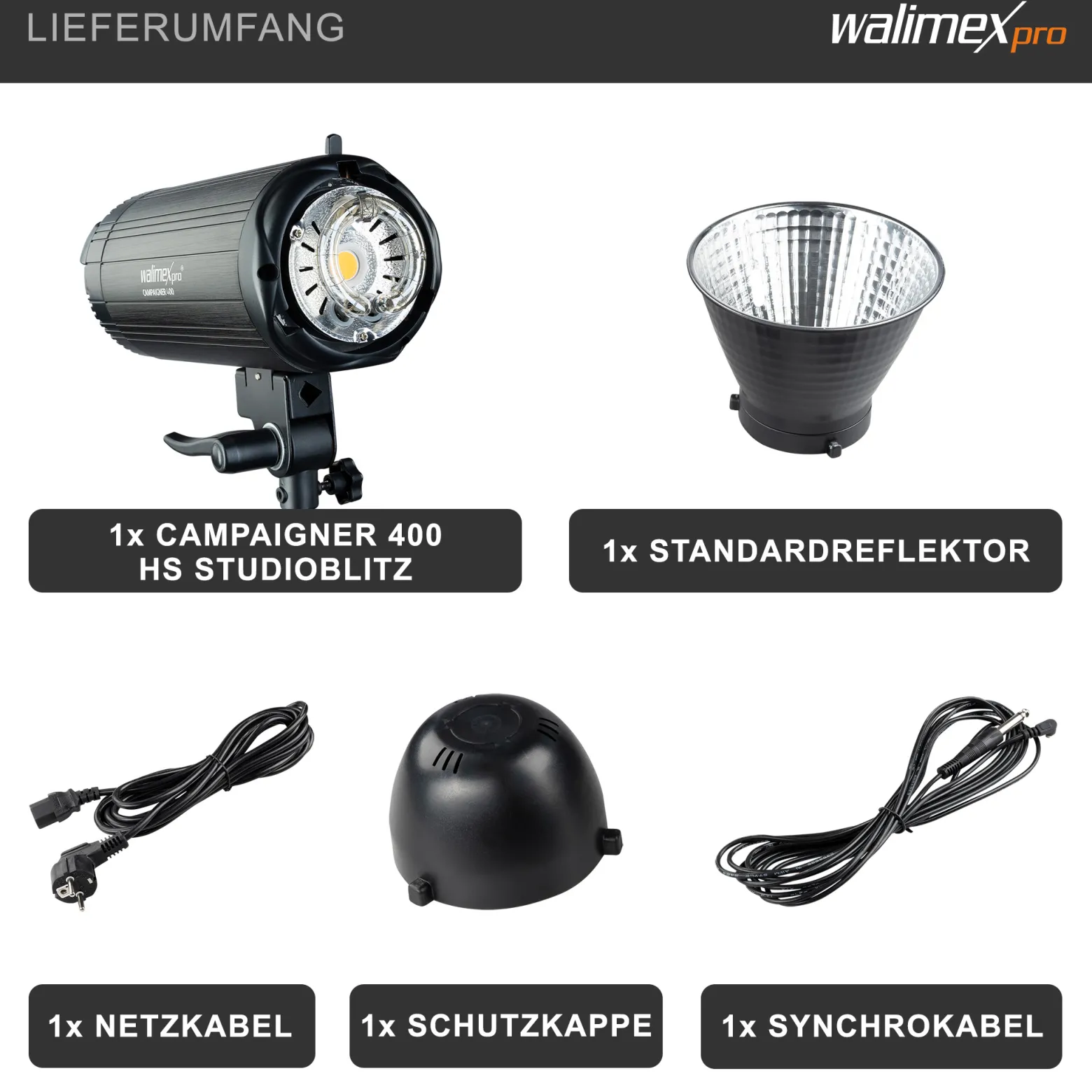 Walimex pro Campaigner 400 HS Studioblitz mit integriertem 2,4 GHz Empfänger, Blitzgerät 400 Ws mit Reflektor, Fotoblitz mit schneller Abbrennzeit, LED-Einstelllicht und Bedienpanel