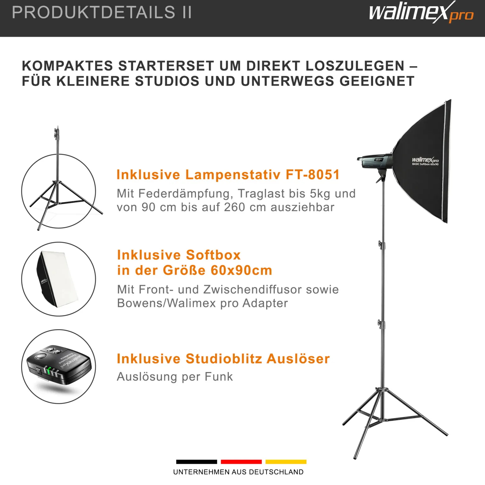 Walimex pro Emerger 200 Set Double 2 Studioblitze mit 200 Ws Blitzleistung, Blitzgerät mit 2,4 GHz Funk, mit Softboxen 60 x 90 cm und Lampenstative inkl. Transporttasche
