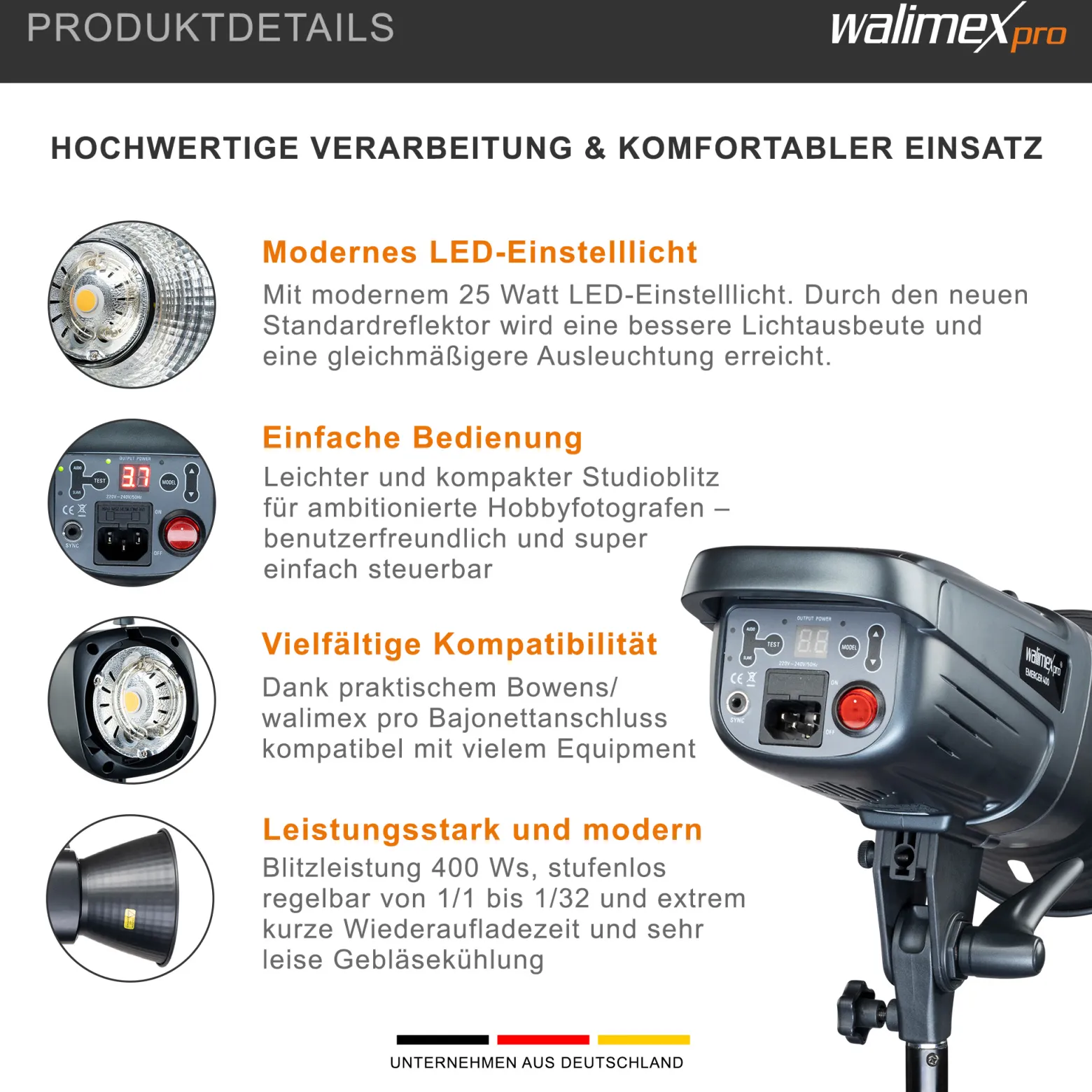 Walimex pro Emerger 400 Studioblitz mit 400 Ws Blitzleistung, Blitzgerät mit 2,4 GHz Funk, Fotoblitz mit kurzer Wiederaufladezeit, Blitzleuchte mit dimmbarem LED-Einstelllicht