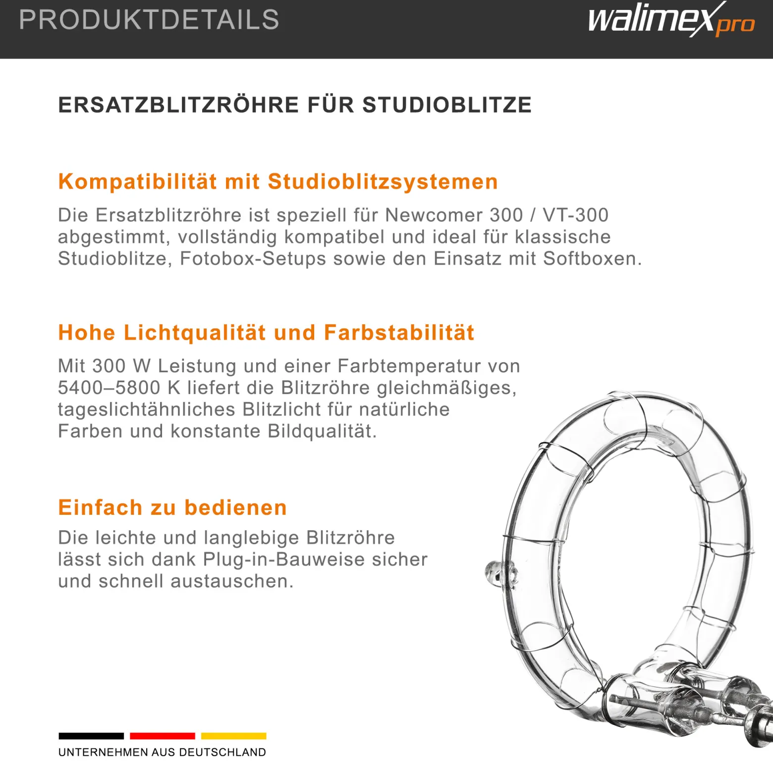 Walimex pro Ersatzblitzröhre für den Studioblitz Newcomer 300/VT-300, Leistungsaufnahme 300W, Farbtemperatur 5400-5800 K, Ersatz Blitz leicht zu wechseln