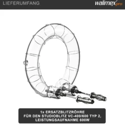 Walimex pro Ersatzblitzröhre für den Studioblitz VC-400/600 Typ 2, Leistungsaufnahme 600W, Farbtemperatur 5400-5800 K, Ersatz Blitz leicht zu wechseln