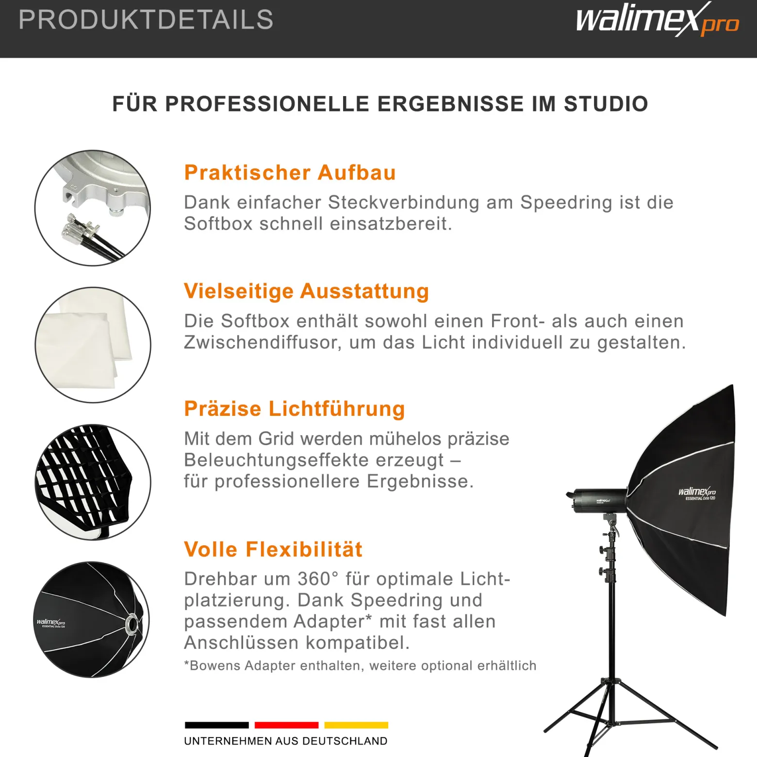 Walimex pro Essential Softbox Octagon 120cm, um 360° drehbar, einfacher Aufbau, inkl. Grid, Bowens Adapter und Transporttasche, ideal für Porträts und Beauty-Aufnahmen