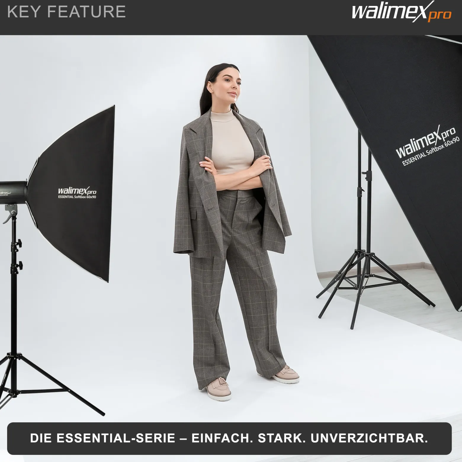 Walimex pro Essential Striplight Softbox 60 x 90 cm, Lichtformer um 360° drehbar, einfacher Aufbau, inkl. Grid, Bowens Adapter und Transporttasche, ideal für Produkt- und Peoplefotografie