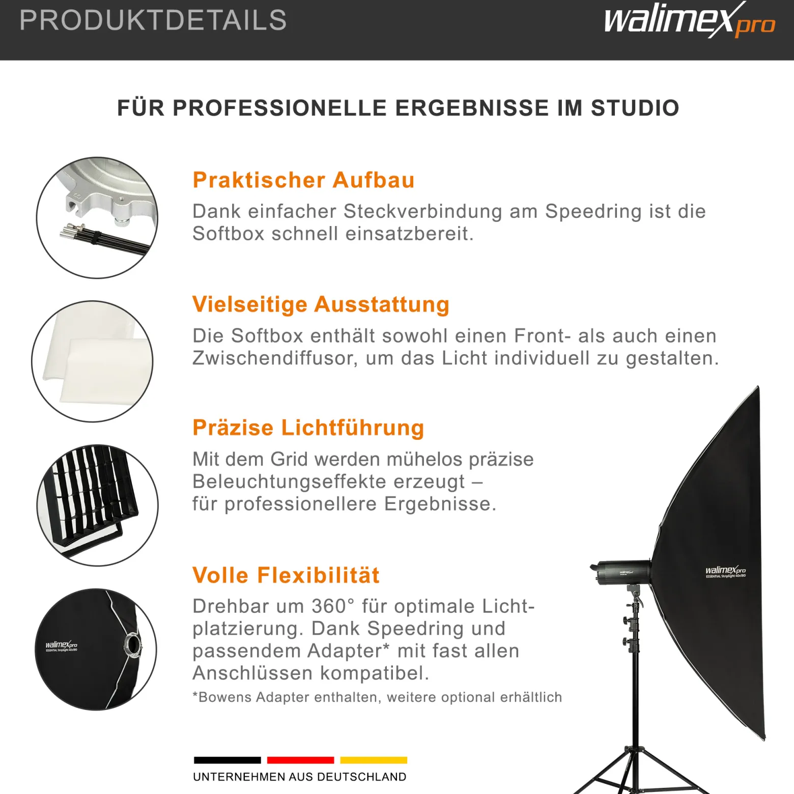 Walimex pro Essential Striplight Softbox 40 x 180 cm, Lichtformer um 360° drehbar, einfacher Aufbau, inkl. Grid, Bowens Adapter und Transporttasche, ideal für Produkt- und Peoplefotografie