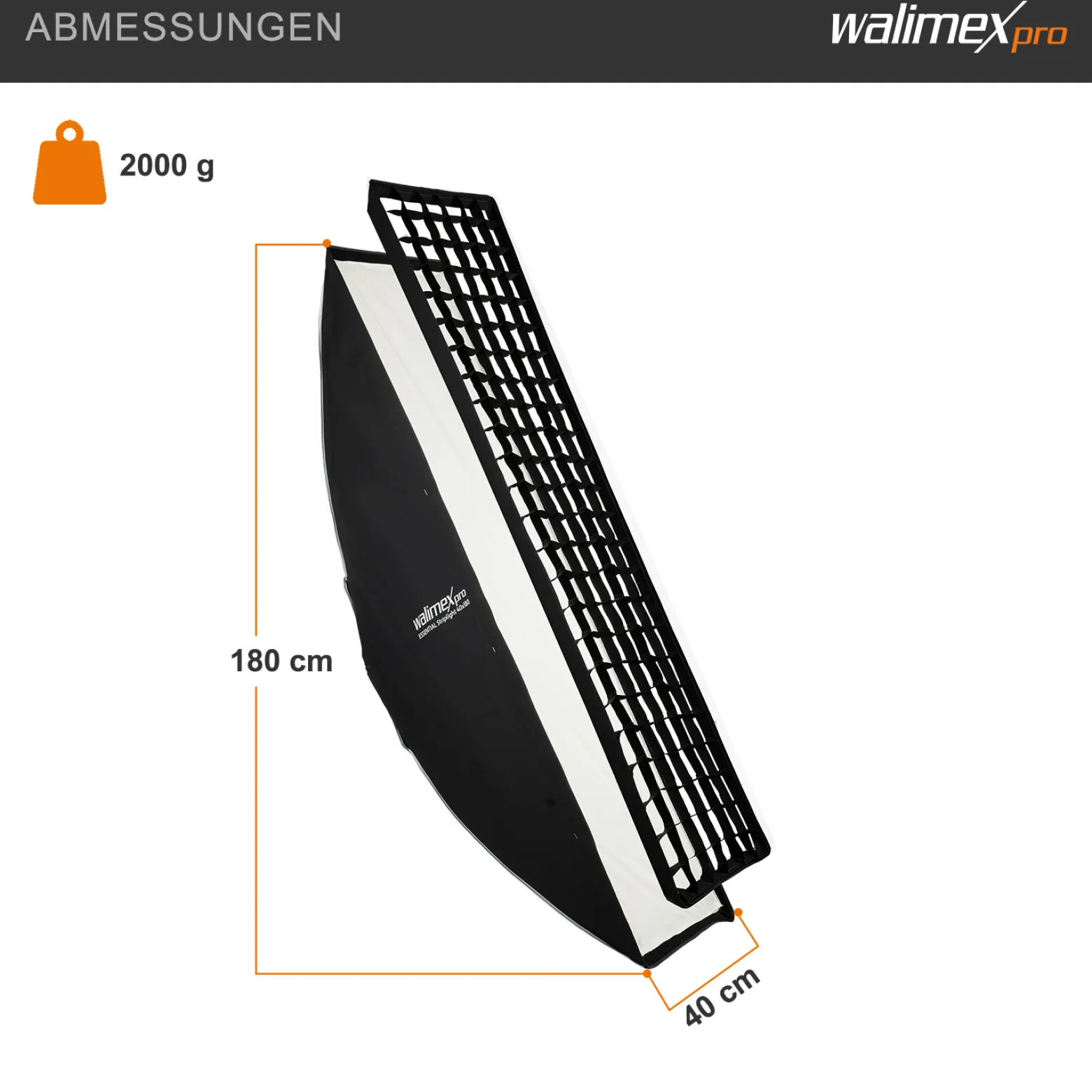 Walimex pro Essential Striplight Softbox 40x180cm + Softboxadapter für Profoto (Außendurchmesser: 15,2 cm), um 360° drehbar, einfacher Aufbau, inkl. Grid, Bowens Adapter und Transporttasche