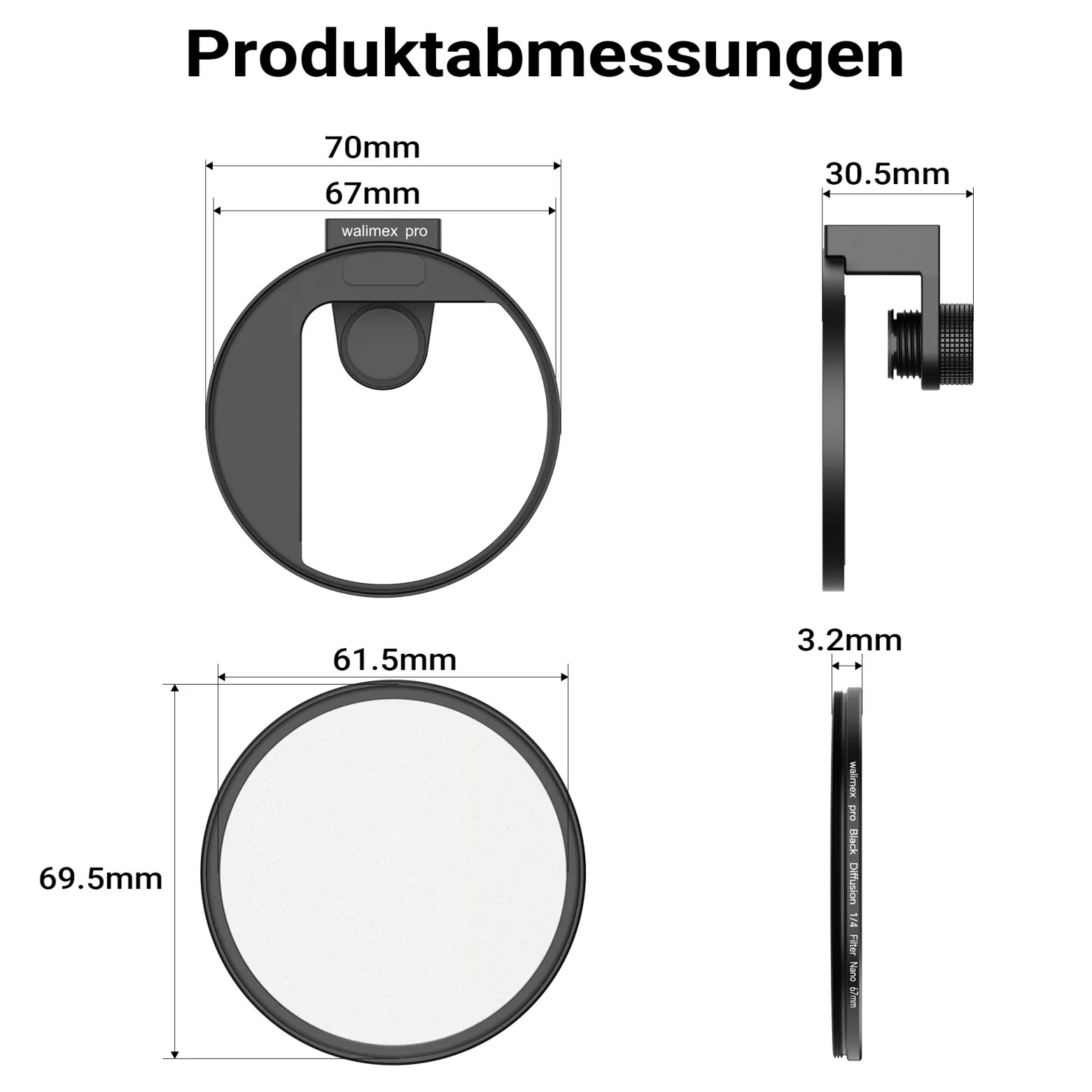 Walimex pro Filterhalter 67 mm für Handykamera, inkl. Diffusionsfilter 67 mm, Cold Shoe Mount für LED und Mikrofon, Fotozubehör für professionelles Fotografieren mit Smartphone und Handy