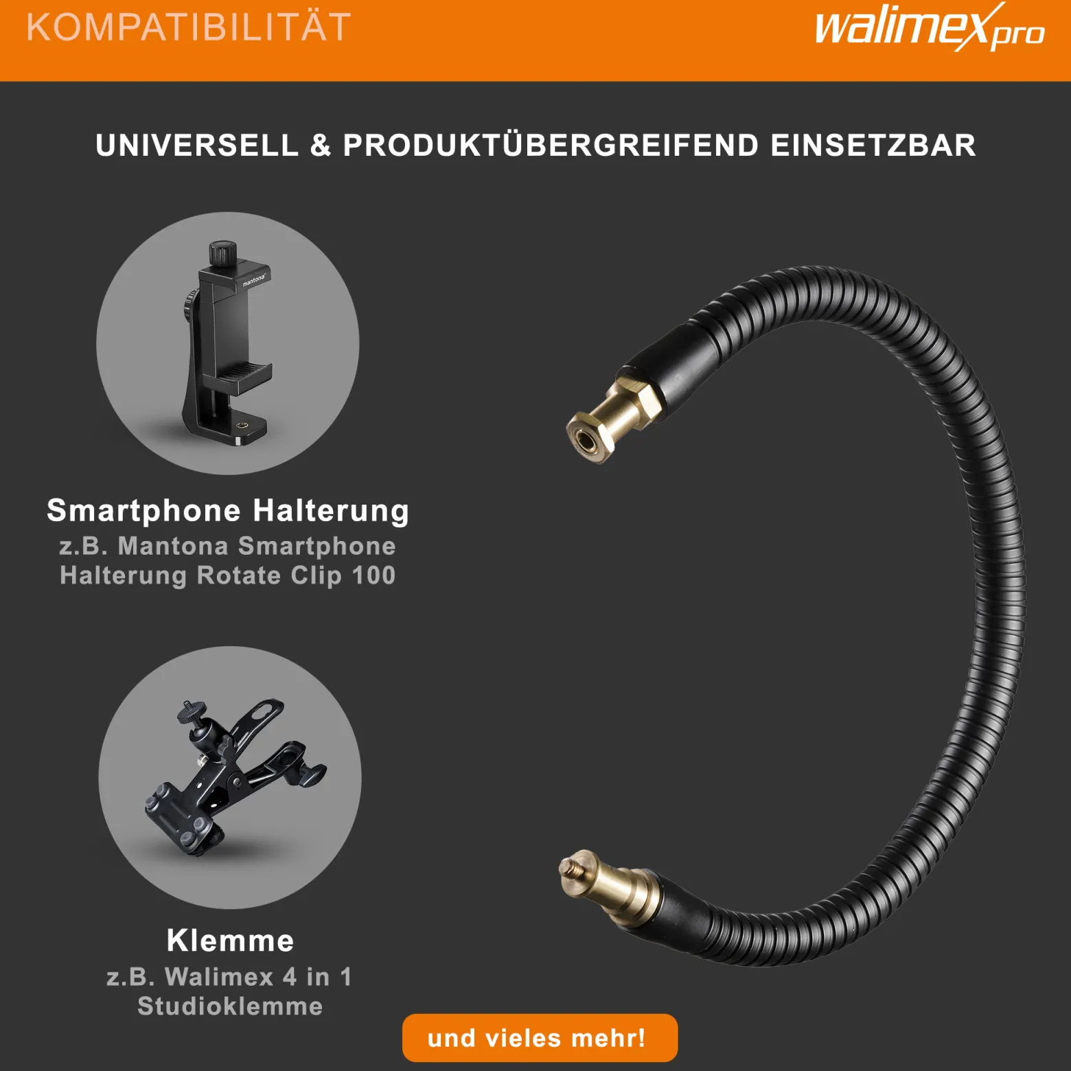 Walimex pro Flexible Halterung Schwanenhals XL 630 x 19 x 19 mm mit 5/8" Spigot und 1/4" / 3/8" Gewinde, flexibler Kamerazubehör Halter für Kamera, Licht, Mikrofon und Reflektor