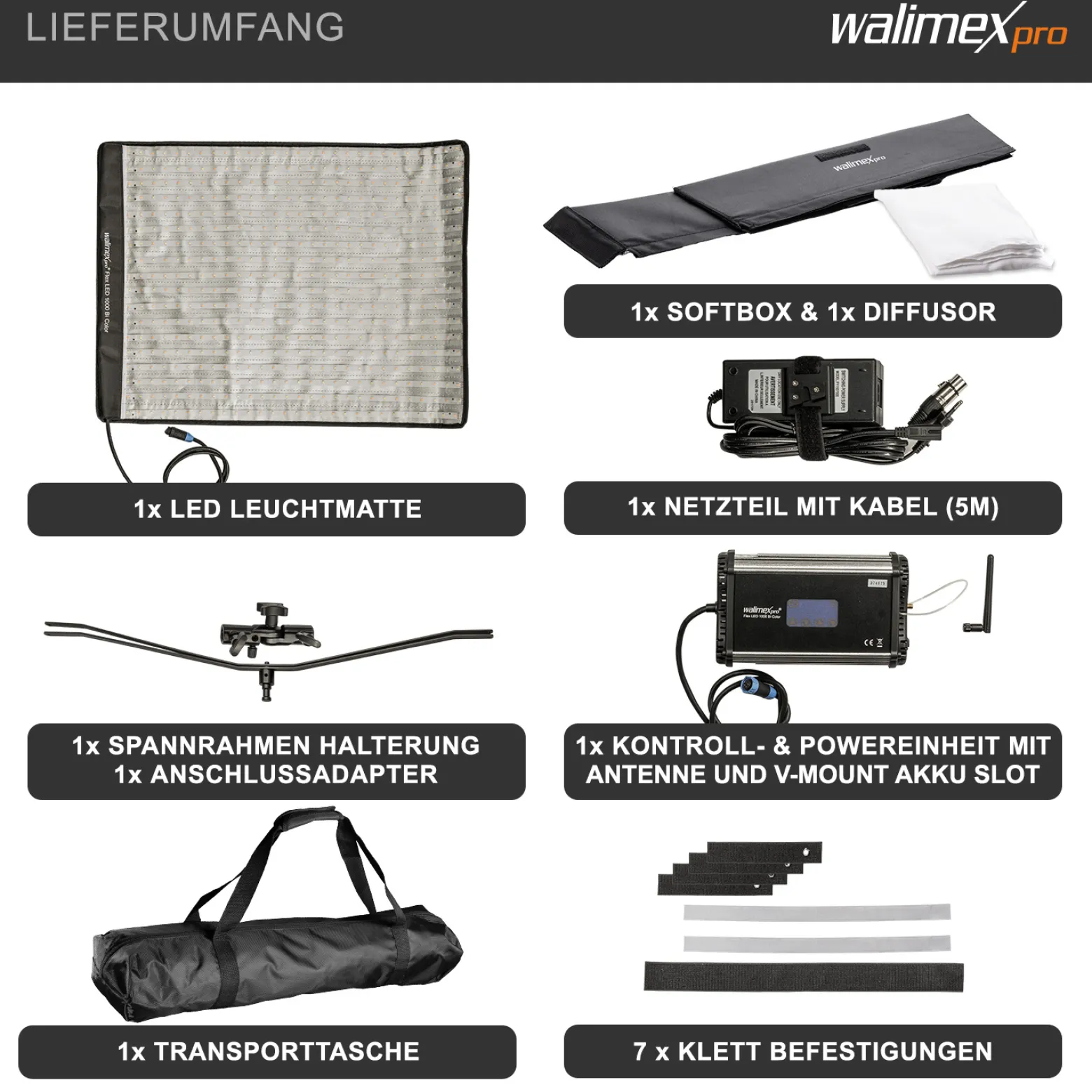 Walimex pro Flex LED 1000 Bi Color Leuchtmatte Set inkl. Softbox mit Frontdiffusor, 100 W Flächenleuchte, flexible Studioleuchte dimmbar, spritzwassergeschützte Videoleuchte