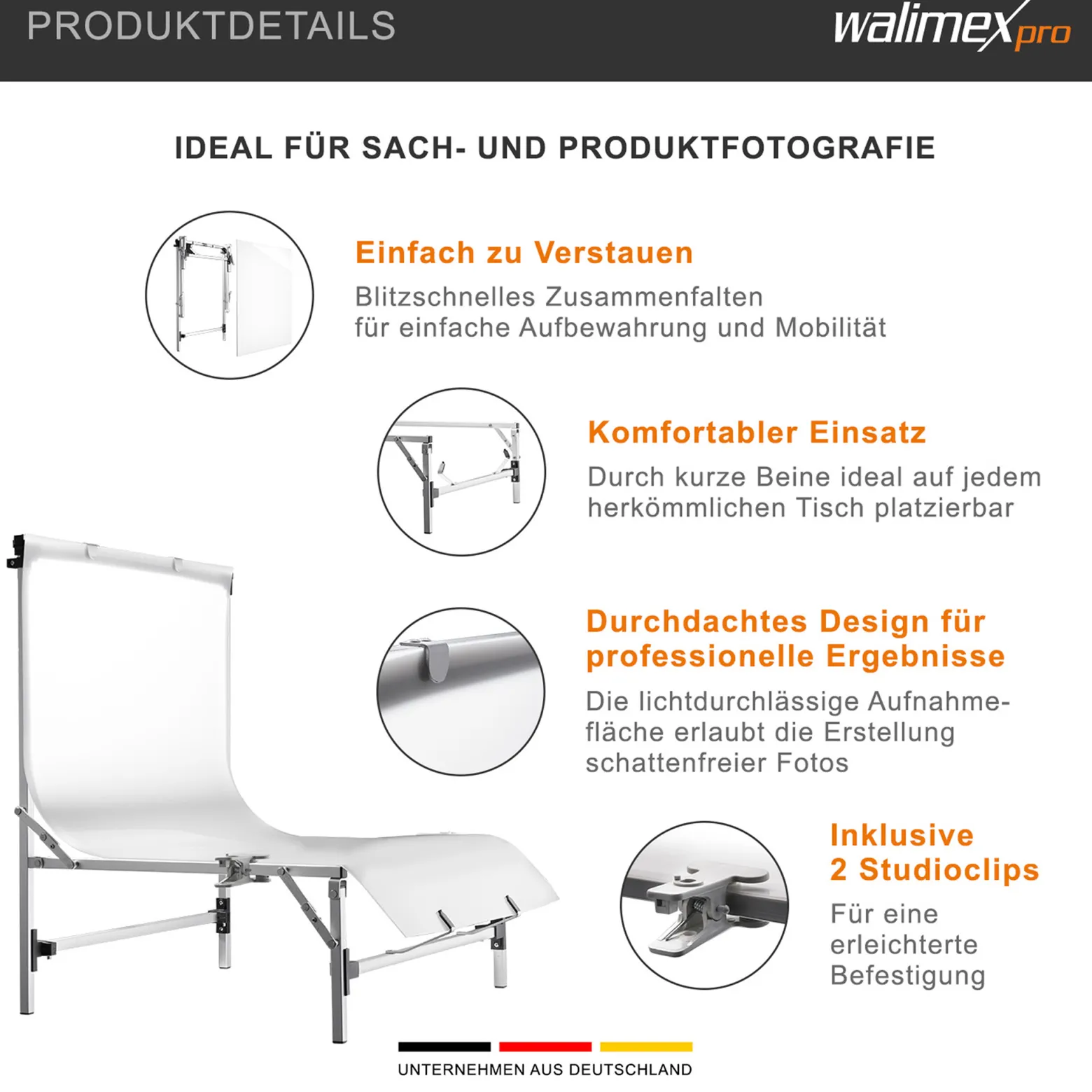 Walimex pro Fototisch Tavola Aufnahmehöhe 28 cm, Aufnametisch für Produktfotografie mit Diffusionsoberfläche, bis 5 kg Traglast, Fotostudio Hintergrund für professionelle Bilder
