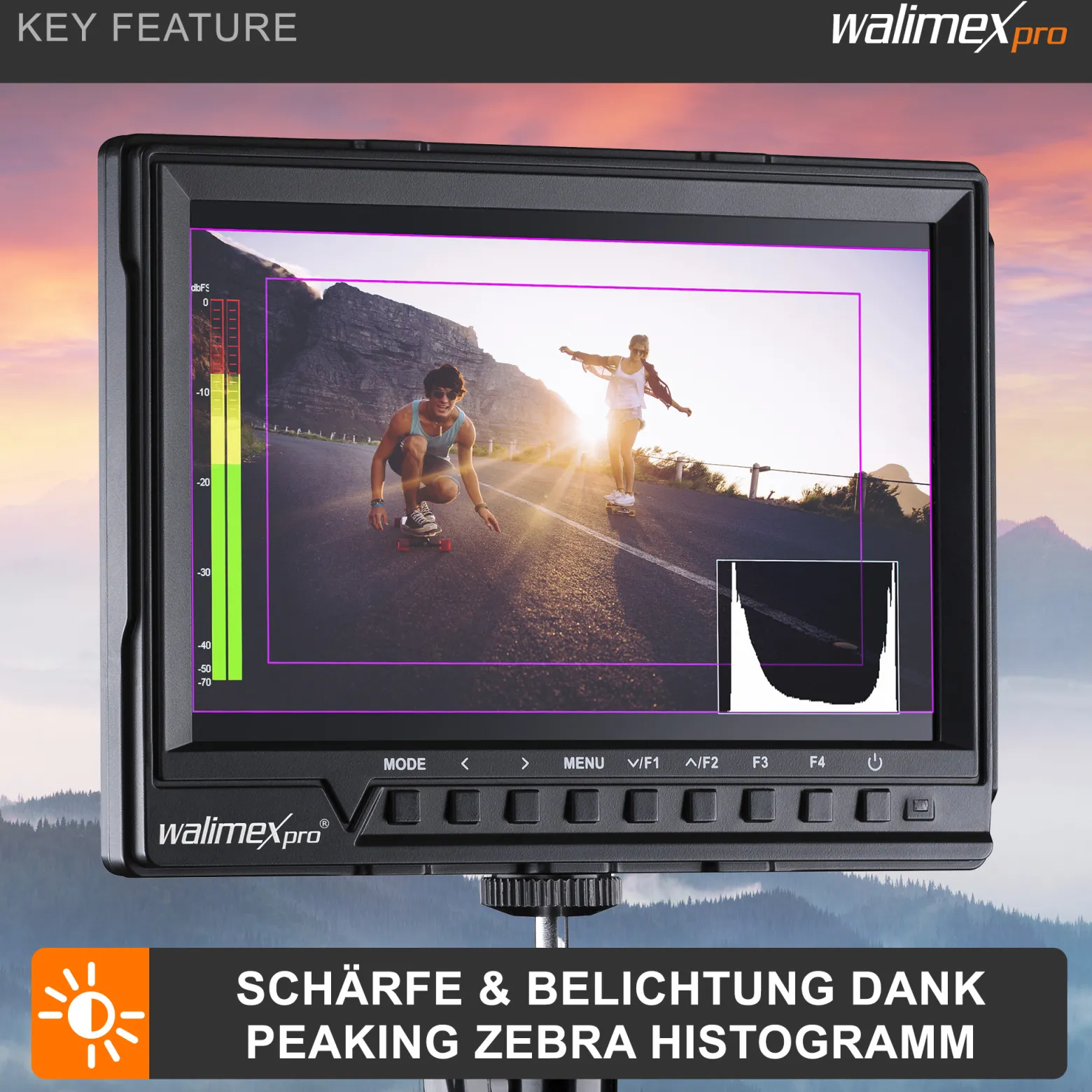 Walimex pro Full HD Monitor Director III - 7 Zoll / 17 x 176 x 130 mm - inkl. 1x Akku / 1/4" Gewinde - mit HDMI und AV Eingang, IPS-Panel, Peaking Zebra Histogramm