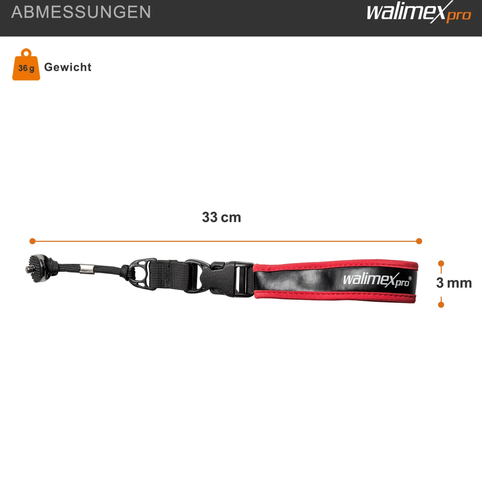 Walimex pro Handschlaufe BR-1 - 330 x 30 x 20 mm - aus weichem Neopren - mit 1/4" Kamerachraube - Farbe schwarz rot