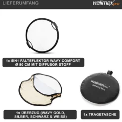 Walimex pro 5-in-1 Faltreflektor Set wavy comfort mit PopUp Funktion Ø 80 cm Wavy-Goldfarben Silberfarben Weiß Schwarz Transparent inkl. Transporttasche