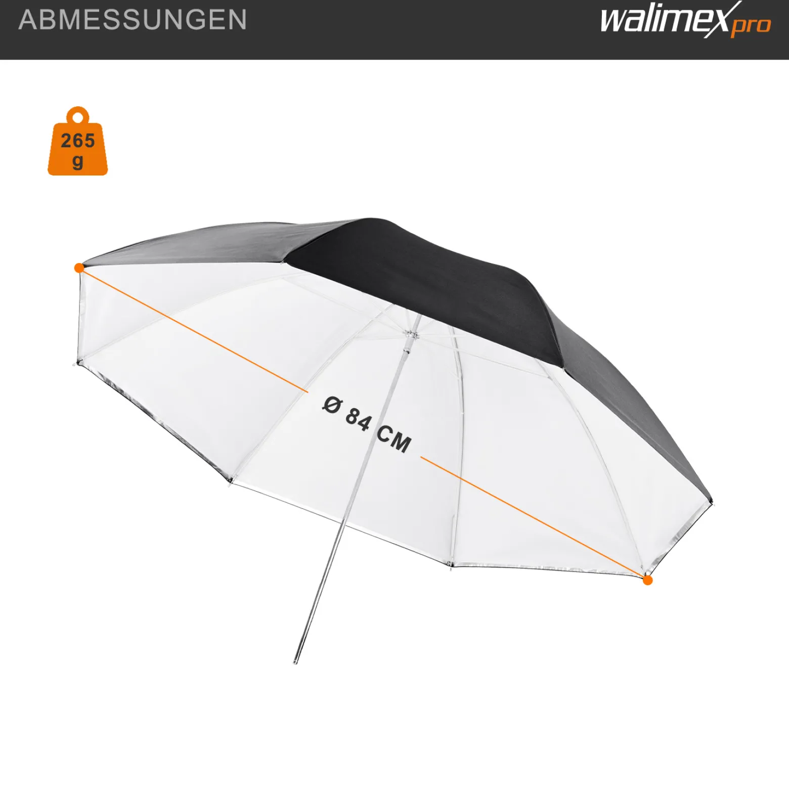 Walimex pro 2in1 Reflex- und Durchlichtschirm weiß, Fotoschirm 84 cm Durchmesser, robuster Reflexschirm mit Stange und Spitze aus Metall, Lichtformer für weiche Lichtcharakteristik