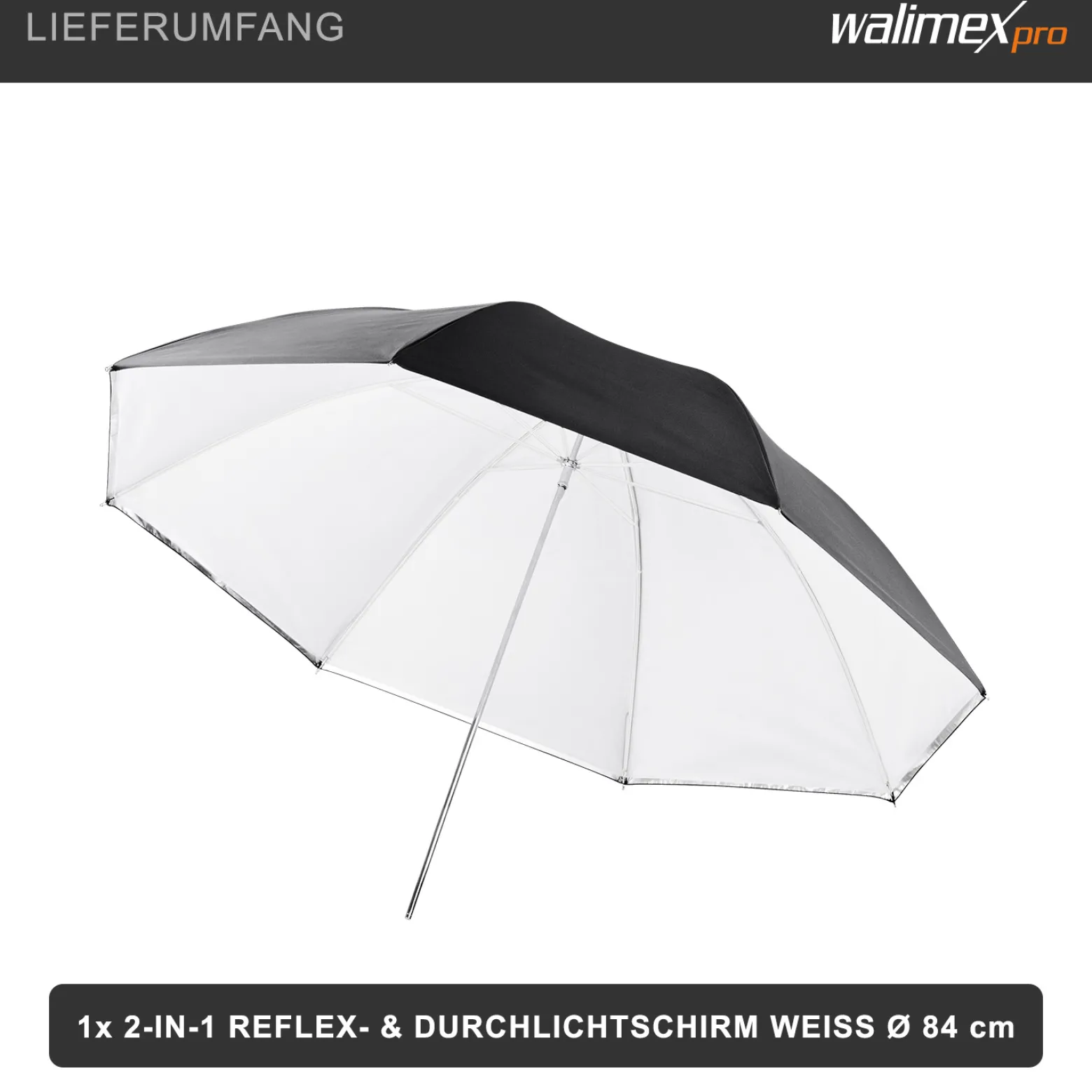 Walimex pro 2in1 Reflex- und Durchlichtschirm weiß, Fotoschirm 84 cm Durchmesser, robuster Reflexschirm mit Stange und Spitze aus Metall, Lichtformer für weiche Lichtcharakteristik