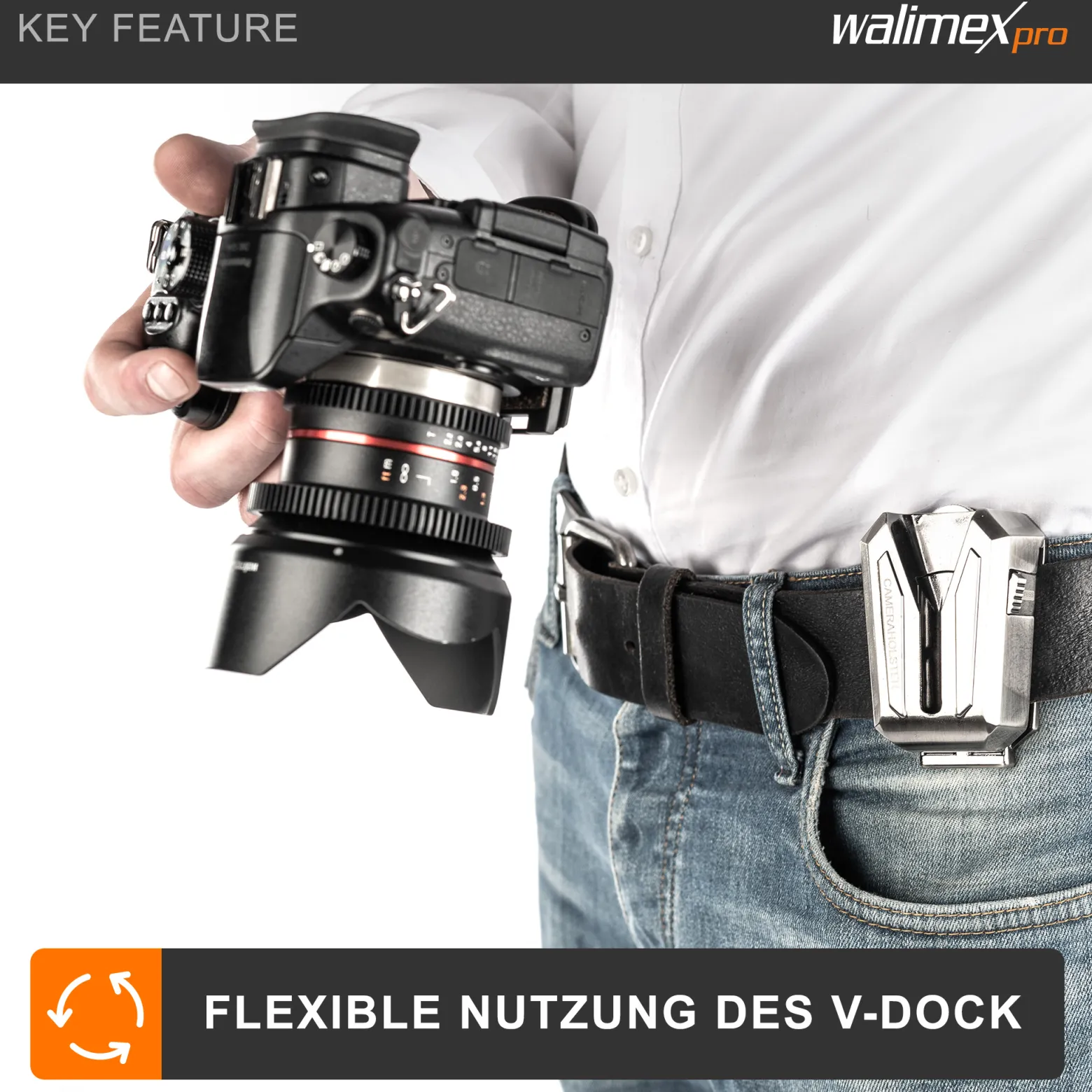 Walimex pro Kamera Clip mit V-Dock für Gürtel & Schnellwechselplatte – Kamera-Holster aus Metall – Arca-Swiss-kompatibel – V-Clip mit Kamerasicherung – Traglast bis 5kg – für Gürtel bis 50mm Breite