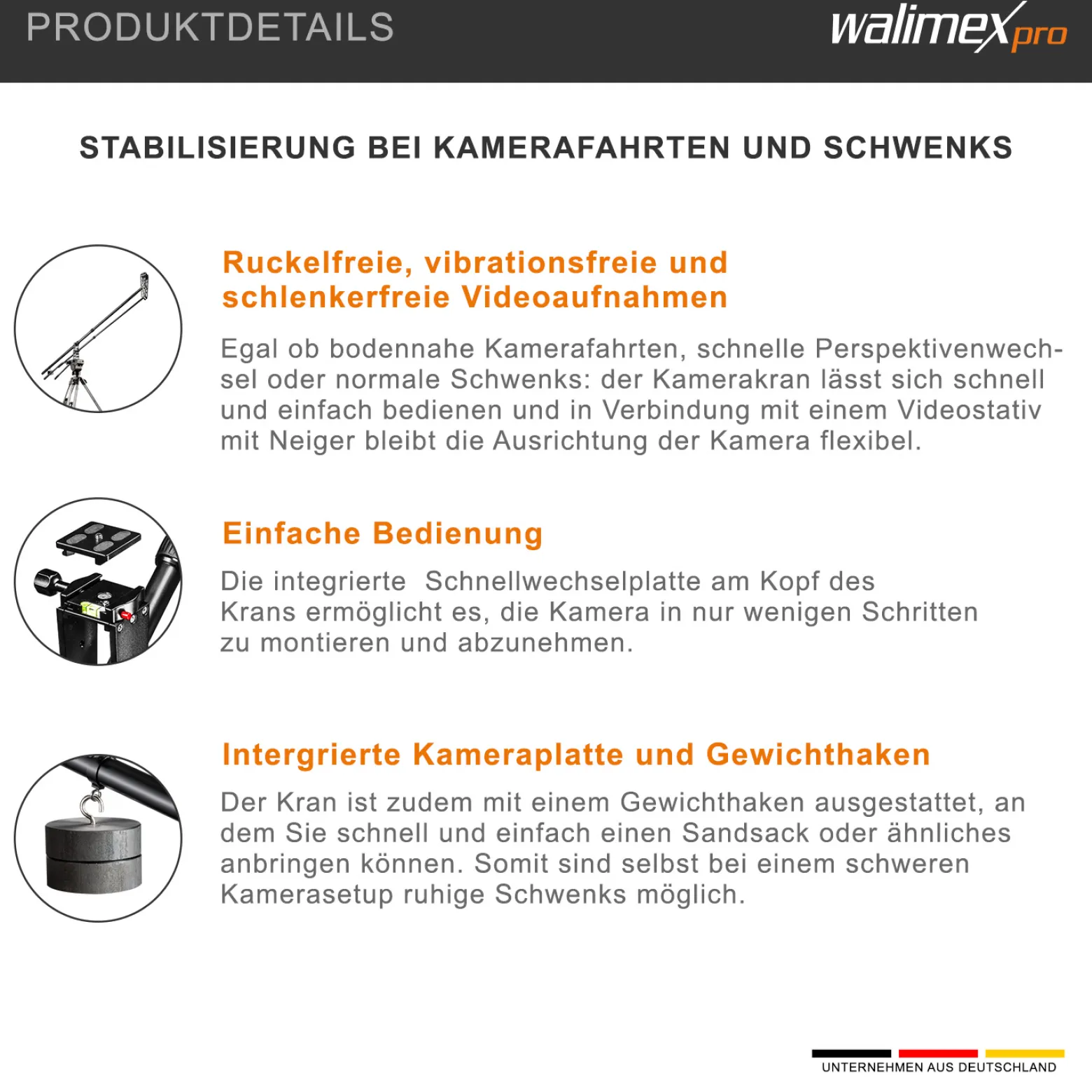 Walimex pro Kamerakran Director Pro - 770 x 90 x 250 mm / max. Traglast 3 kg - mit 1/4" und 3/8" Gewinde, Moosgummi Handgriff und Tragetaschen - schwarz